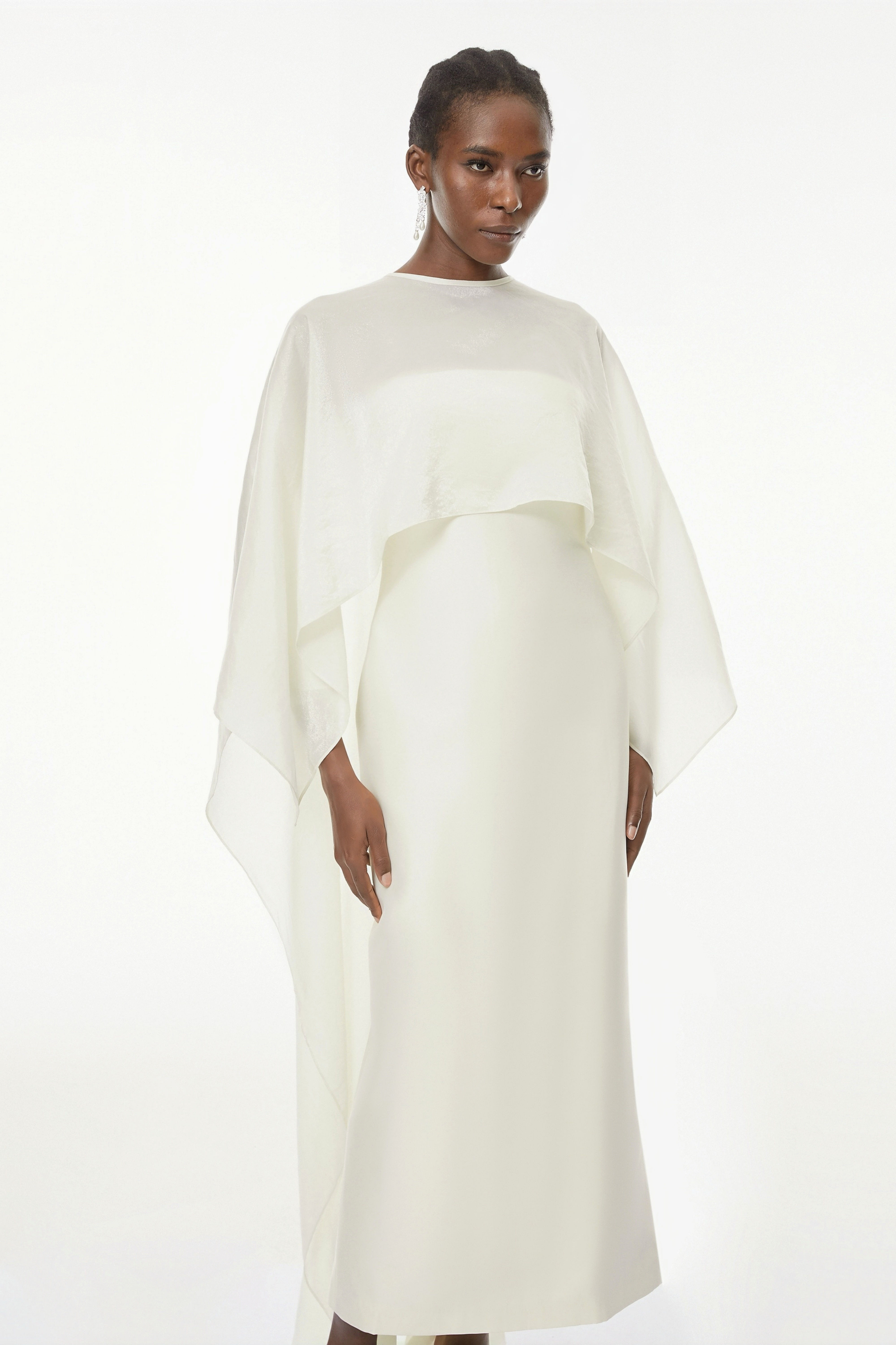 Xiomara White Cape Design Satin Maxi Dress