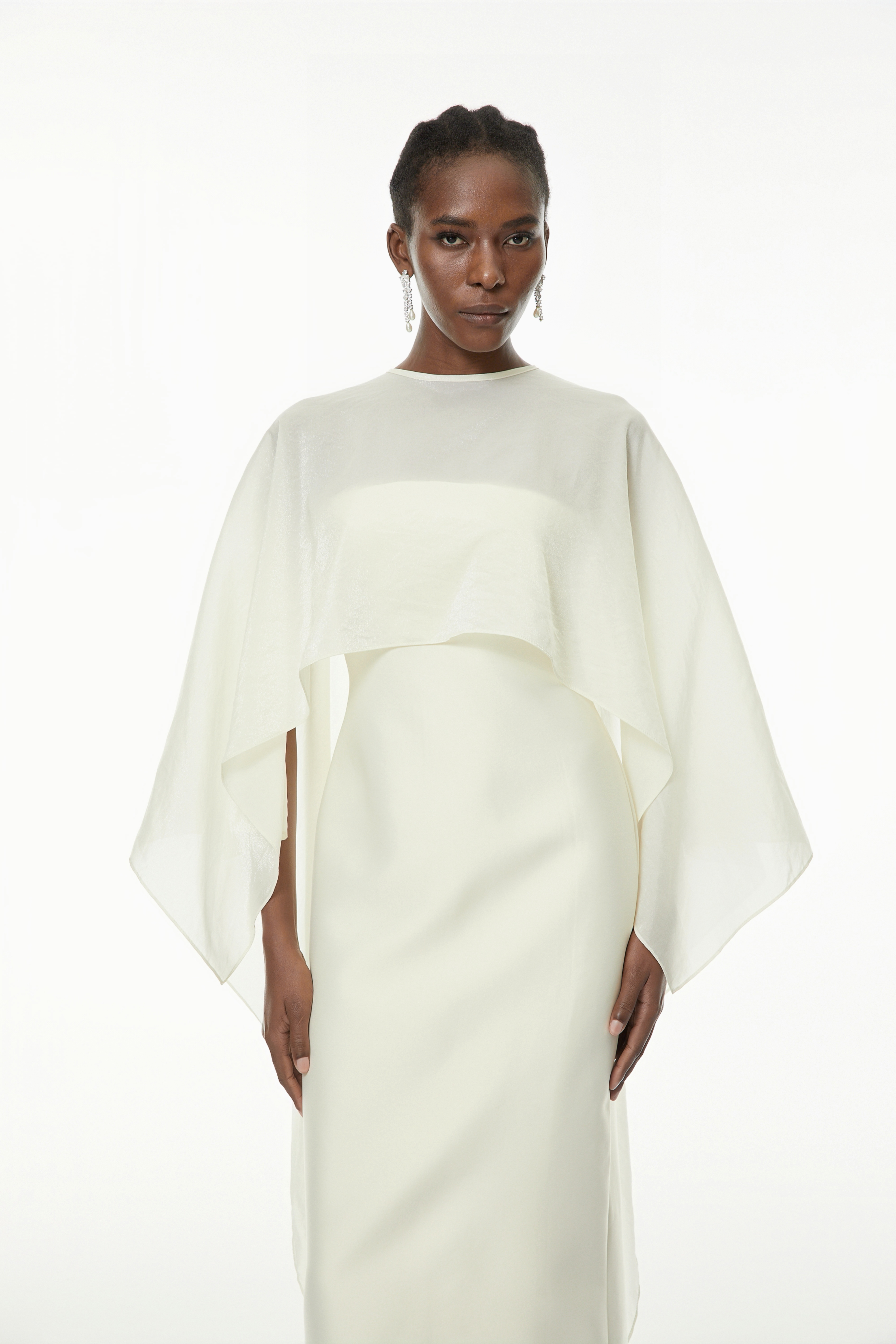 Xiomara White Cape Design Satin Maxi Dress