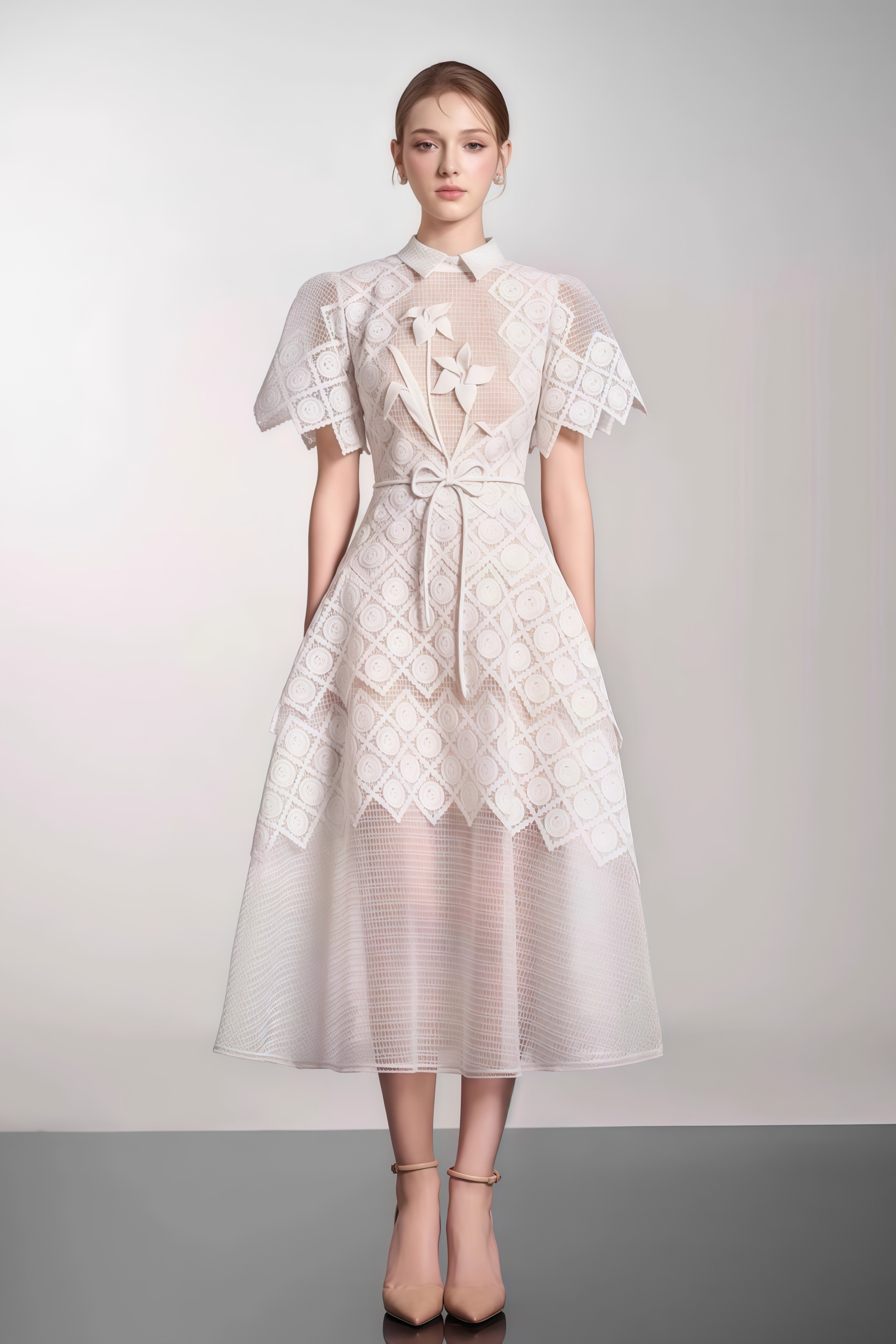 Yasmine Weißes Midikleid mit Blumenstickerei