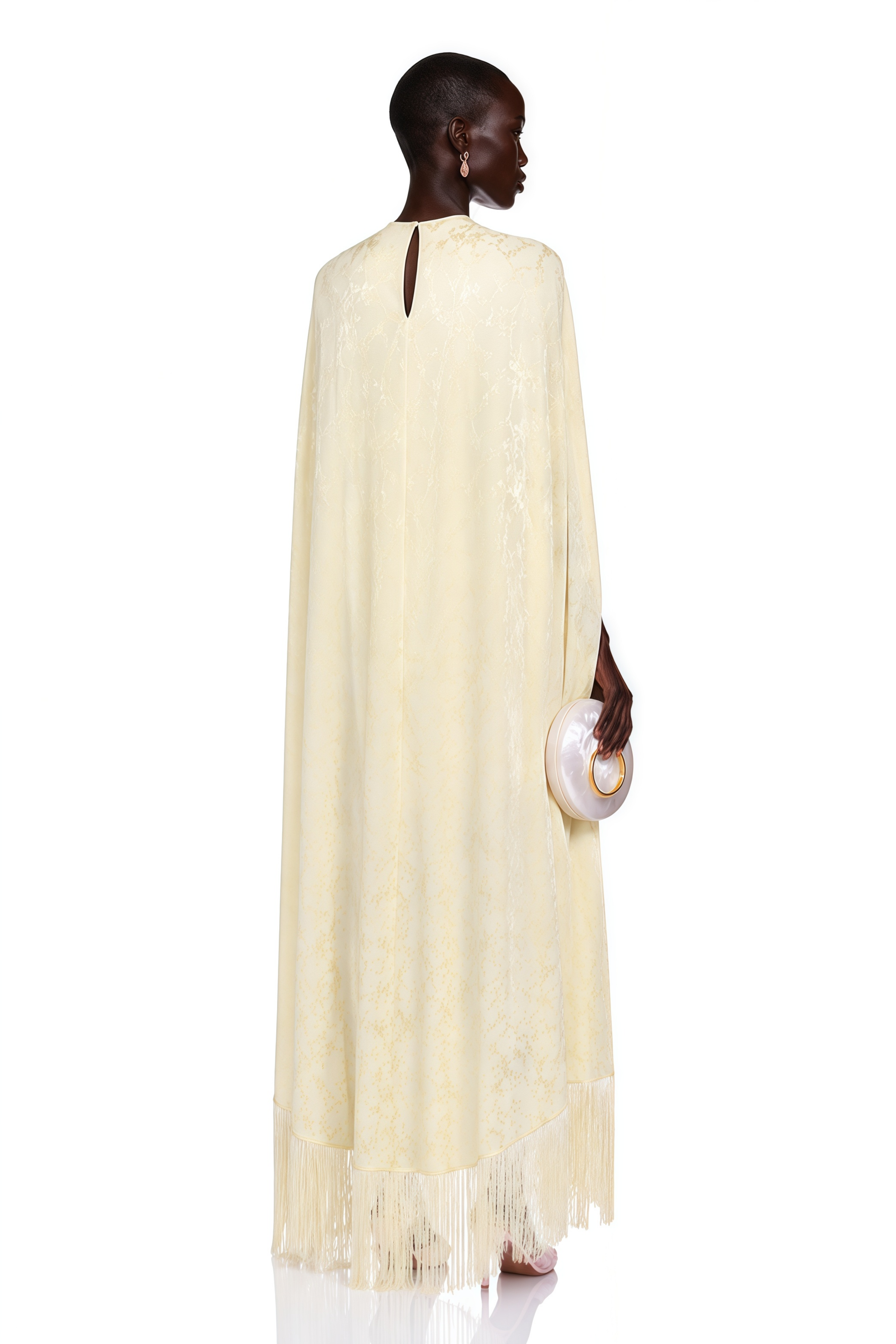 Yolanda Pale Yellow Maxi Dress with Cape Overlay and Fringe