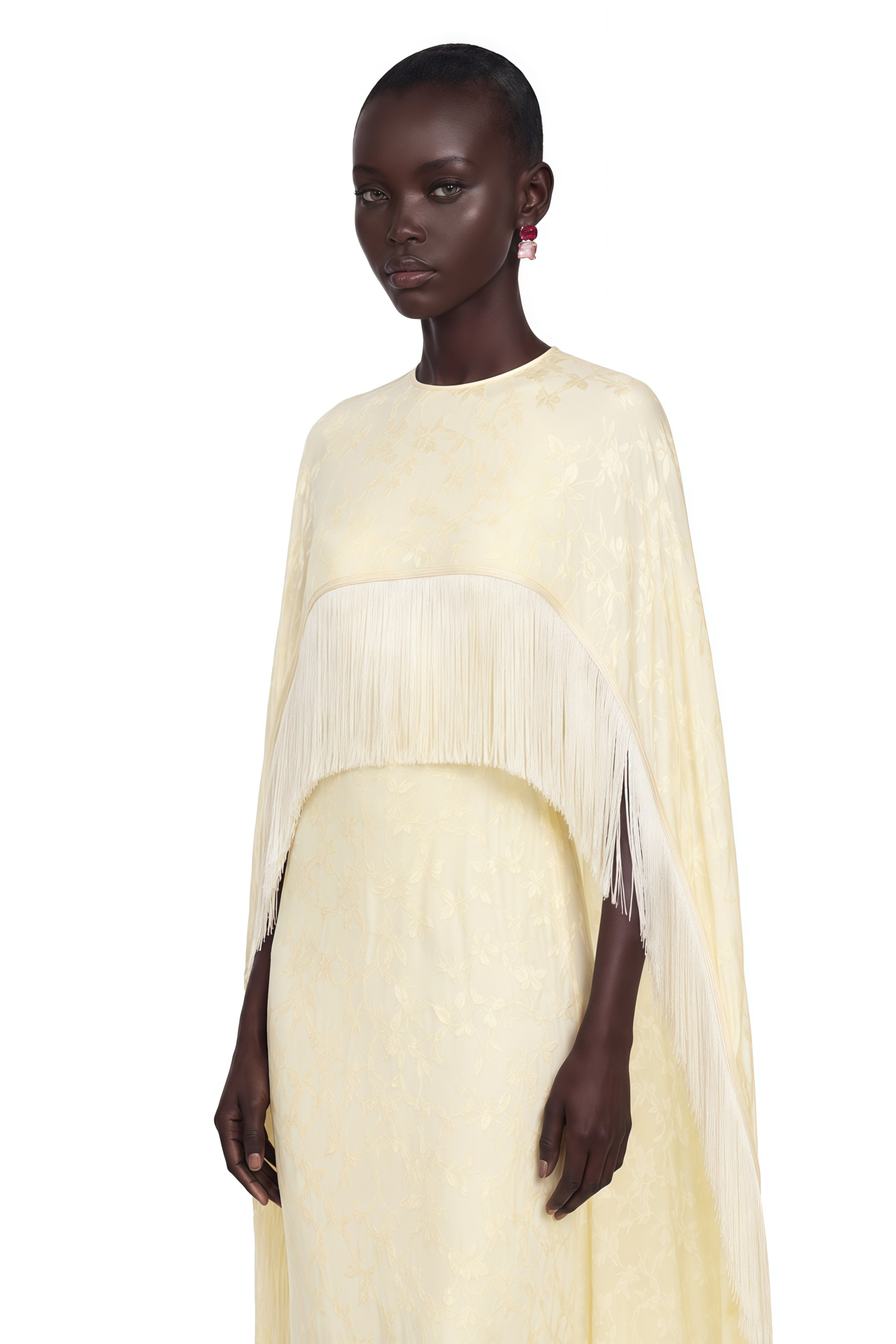 Yolanda Pale Yellow Maxi Dress with Cape Overlay and Fringe