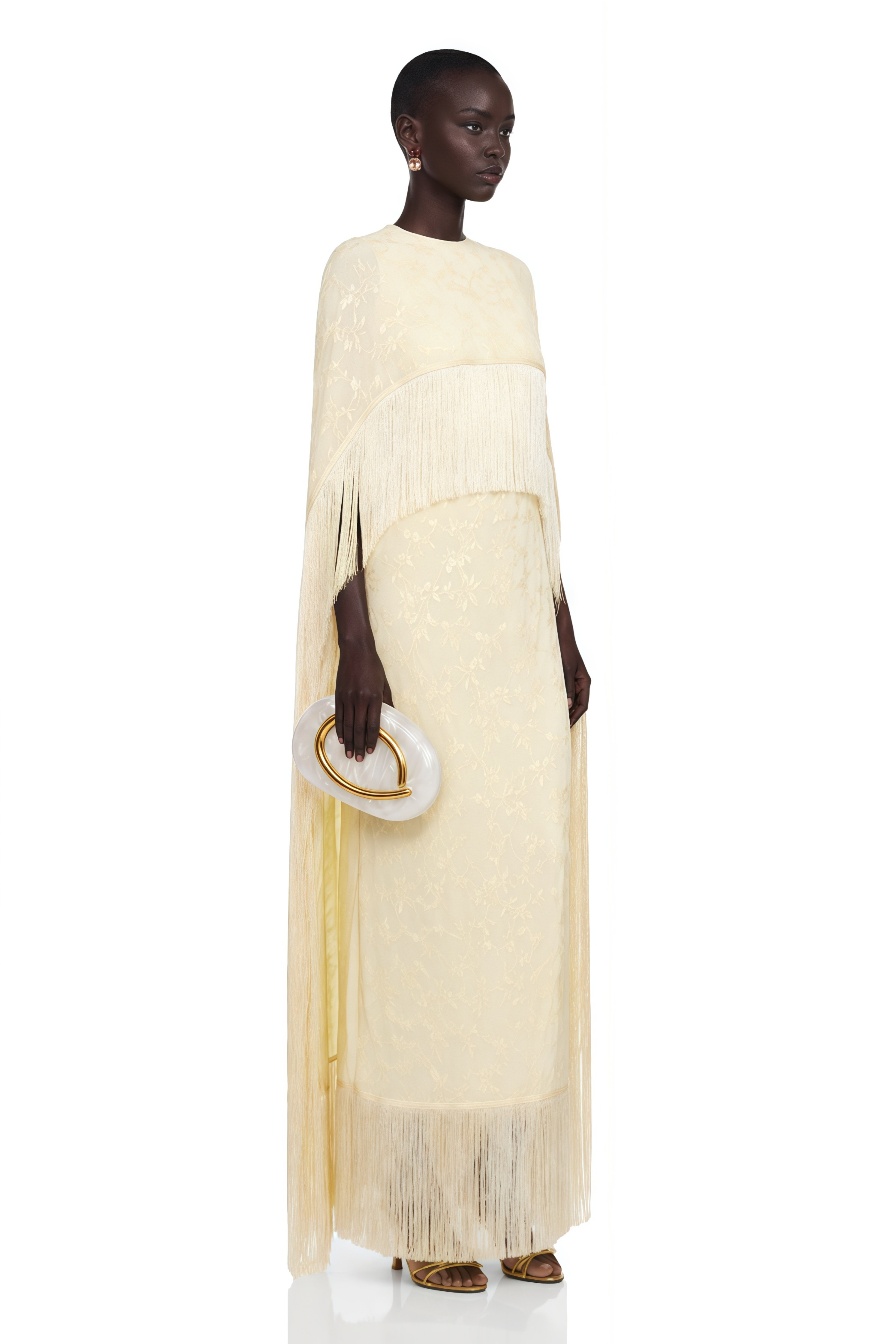 Yolanda Pale Yellow Maxi Dress with Cape Overlay and Fringe