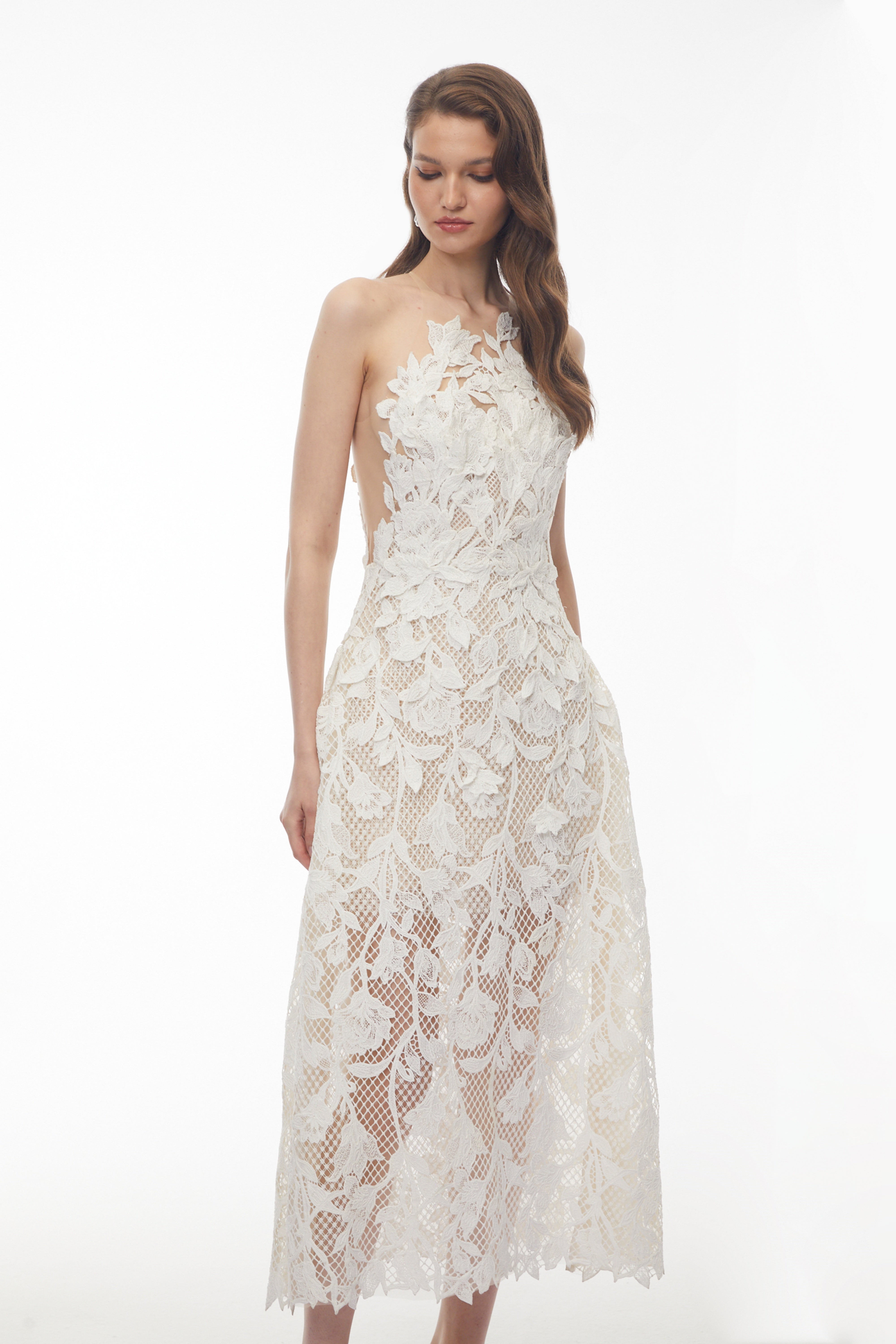 Robe mi-longue Yolanda White avec appliqués floraux