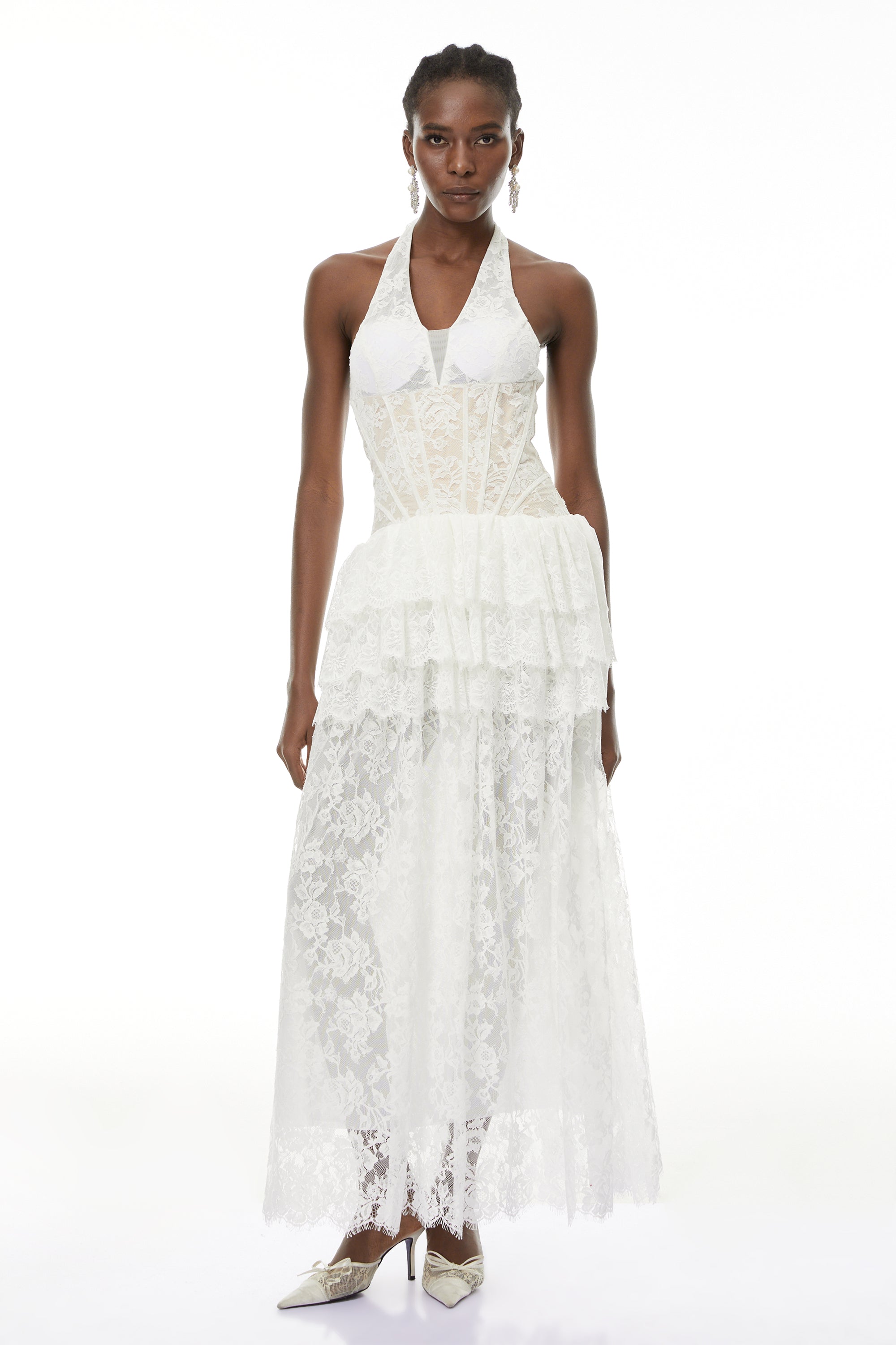 Yoliswa White Floral Appliqué Tiered Maxi Dress