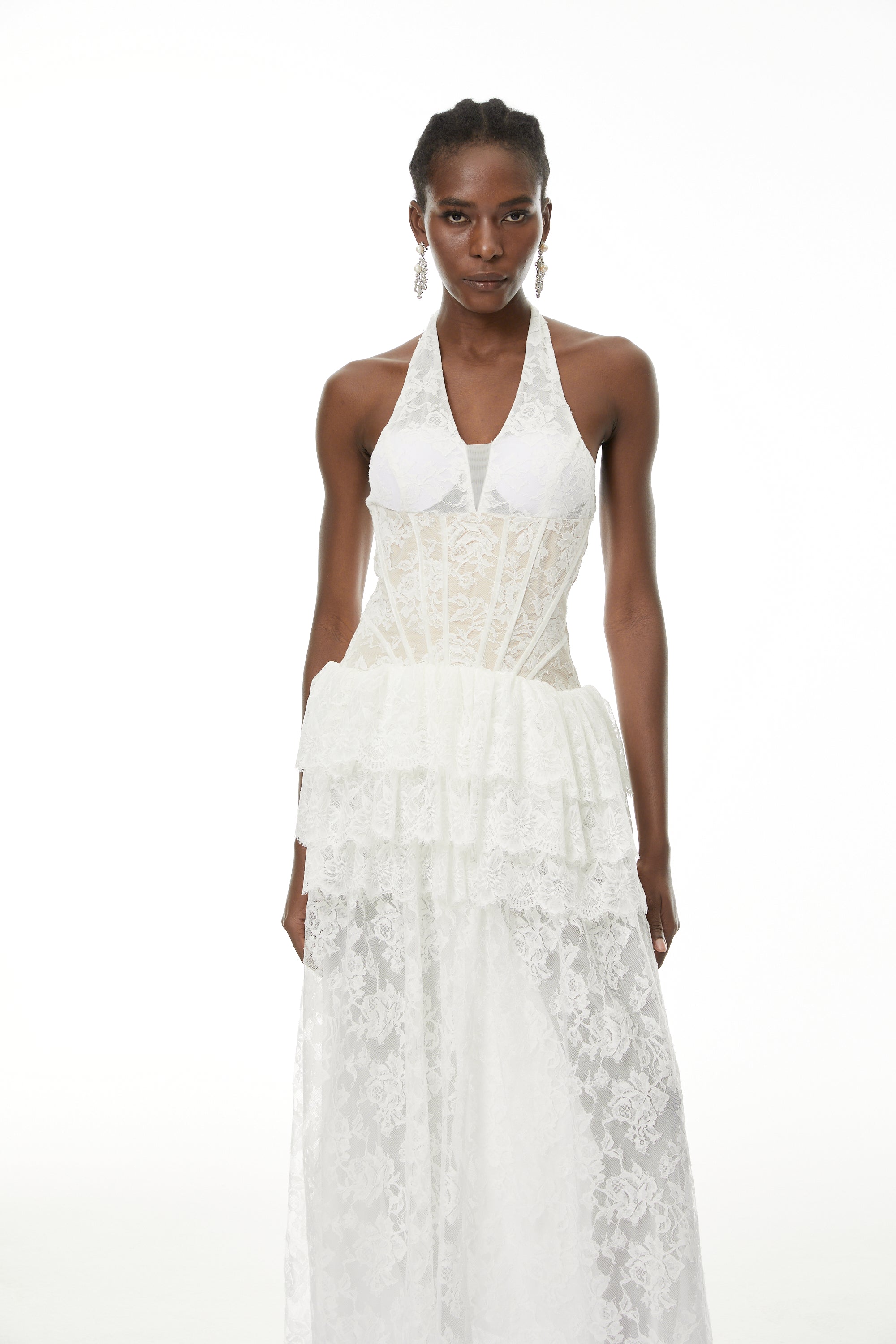 Yoliswa White Floral Appliqué Tiered Maxi Dress