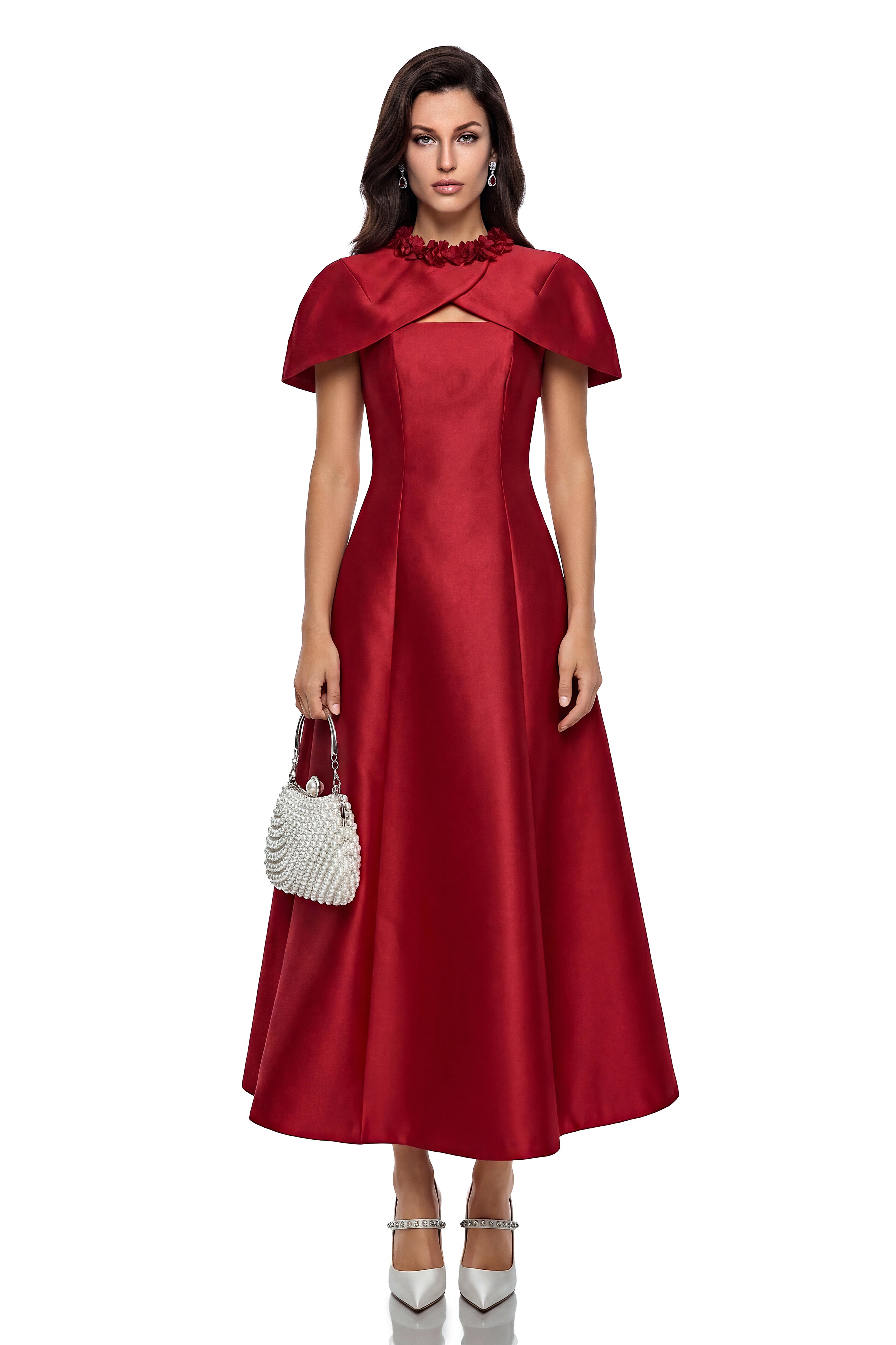 Robe midi Yustyna à cape rouge avec pétales en 3D