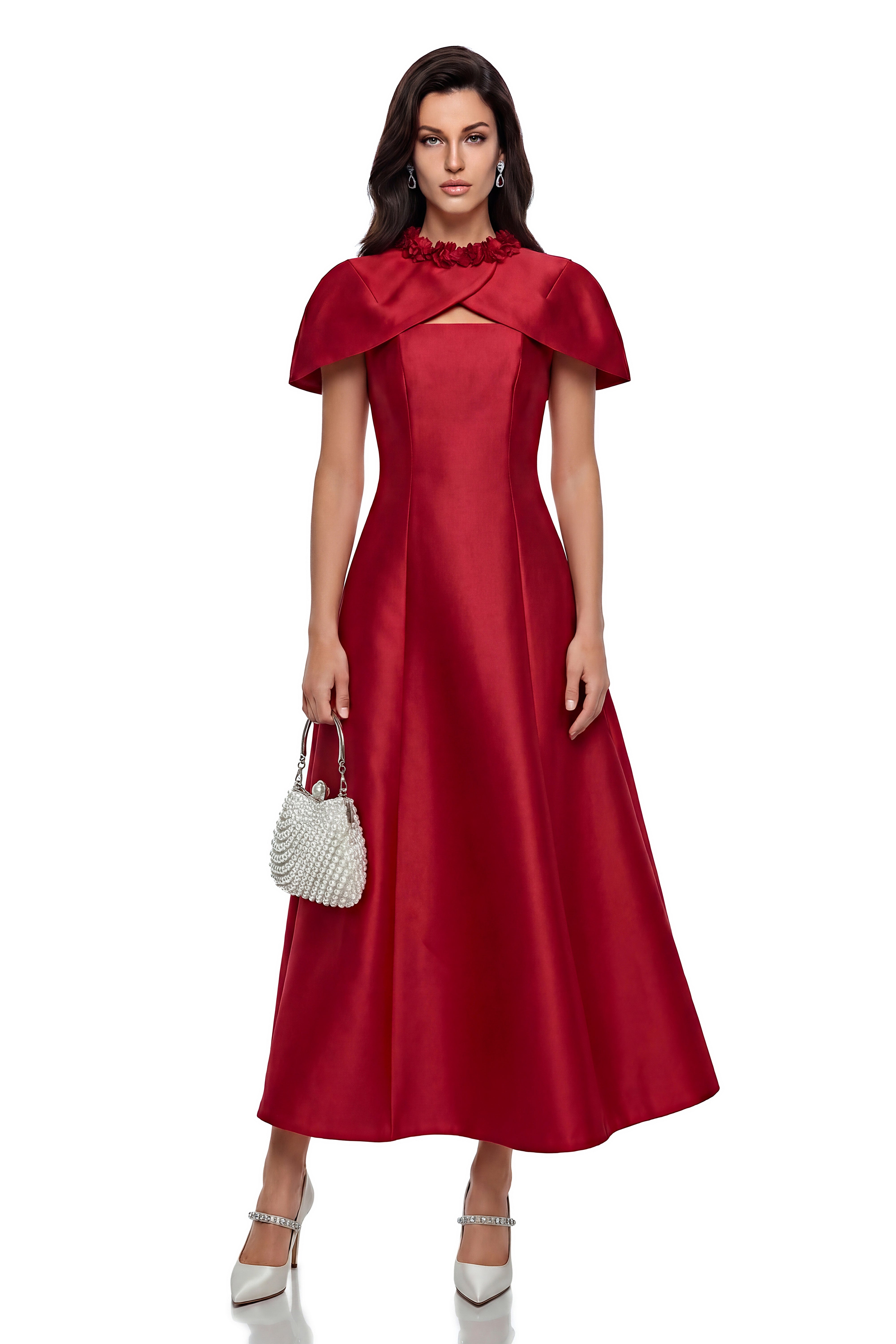 Robe midi Yustyna à cape rouge avec pétales en 3D