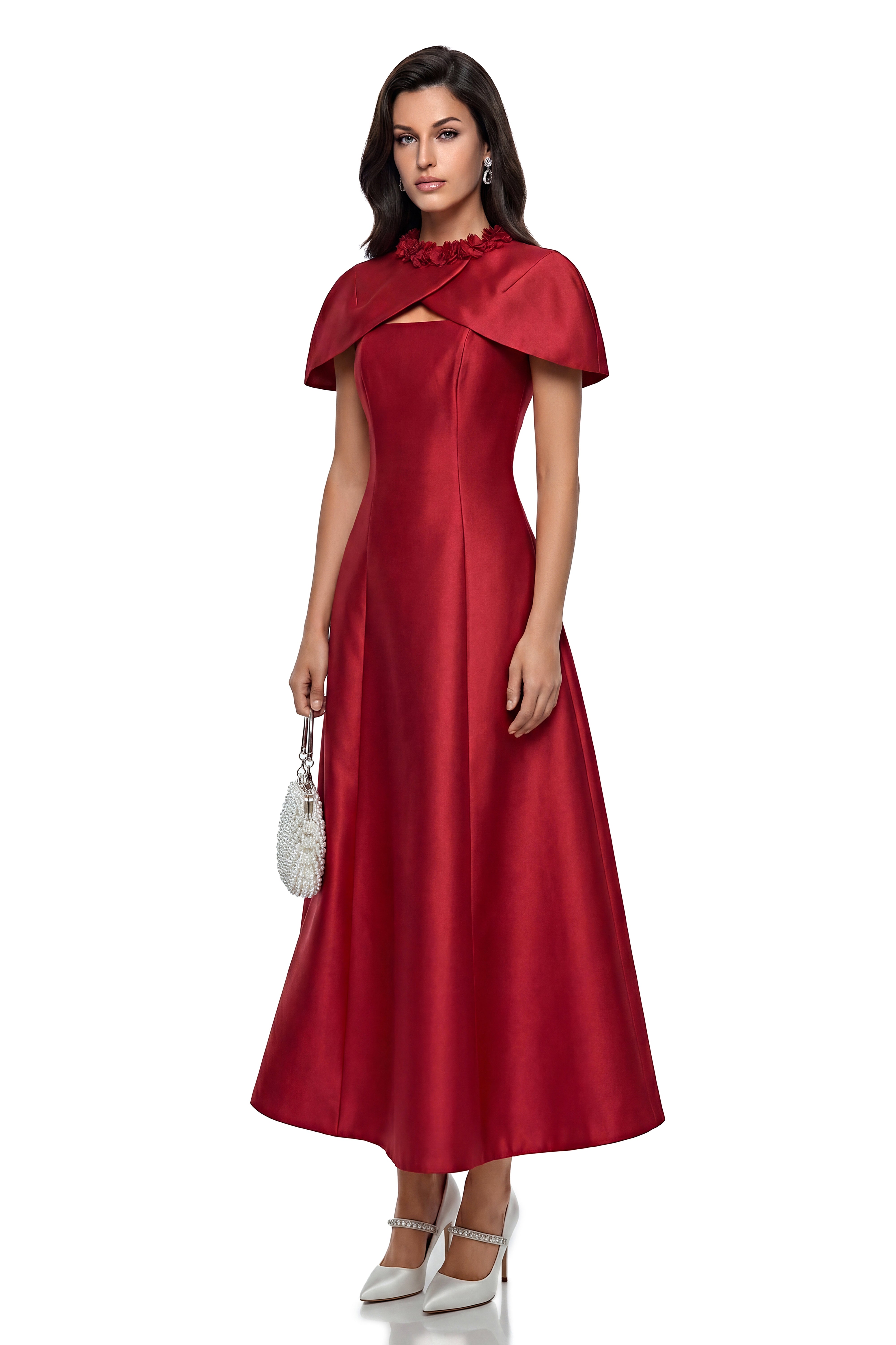 Robe midi Yustyna à cape rouge avec pétales en 3D