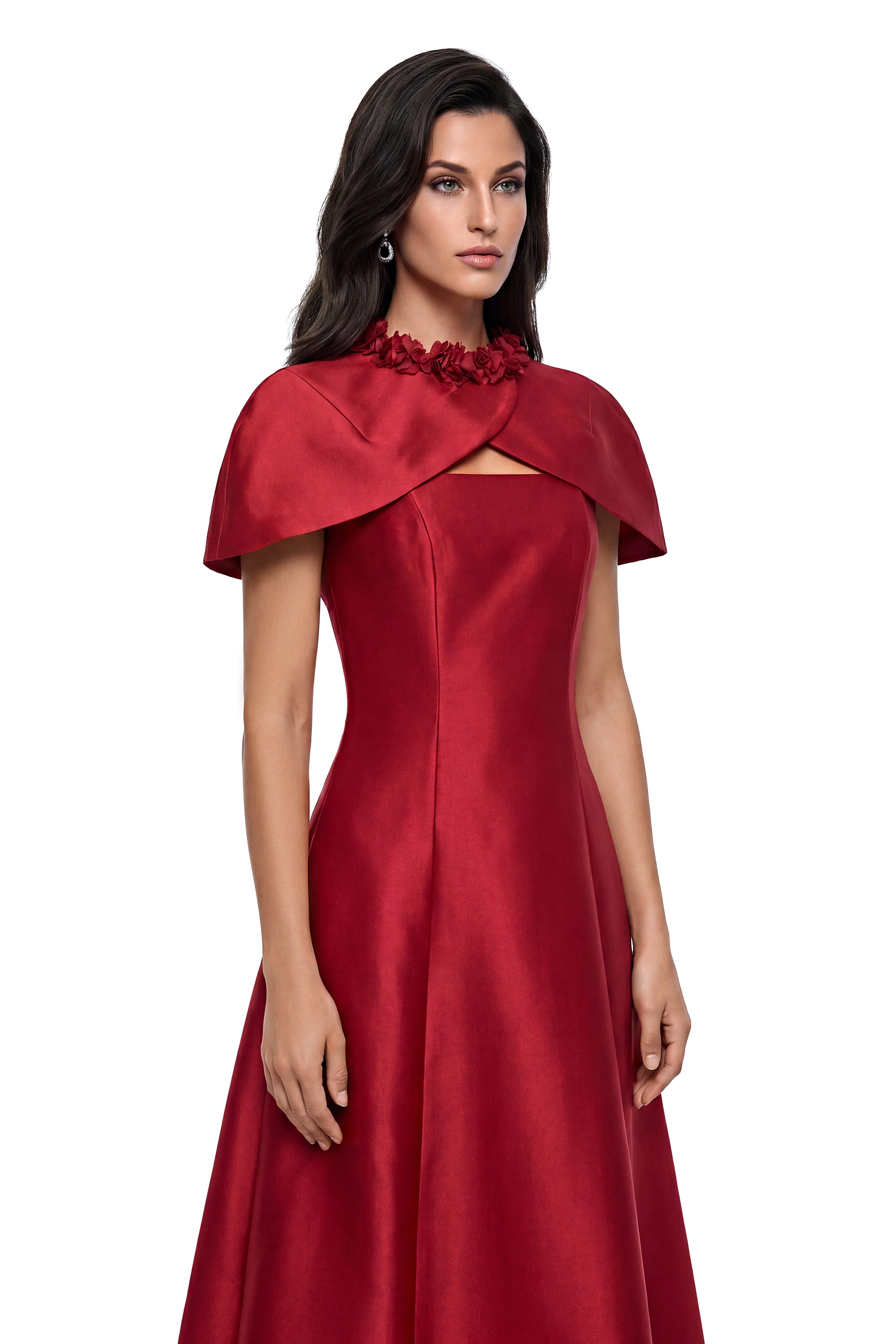 Robe midi Yustyna à cape rouge avec pétales en 3D