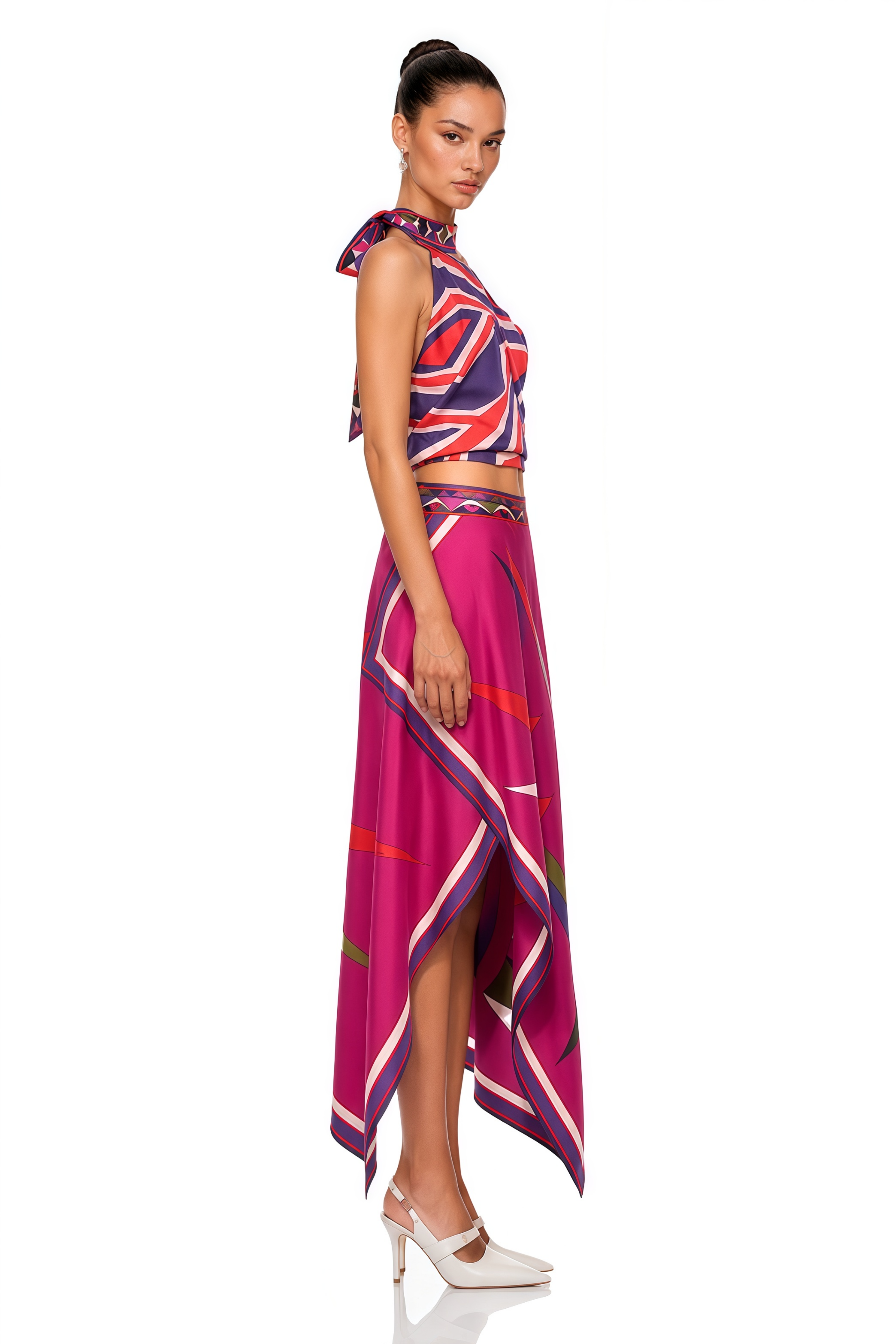 Yvette Fuchsia Abstract Print Halterneck Crop Top & Skirt Set