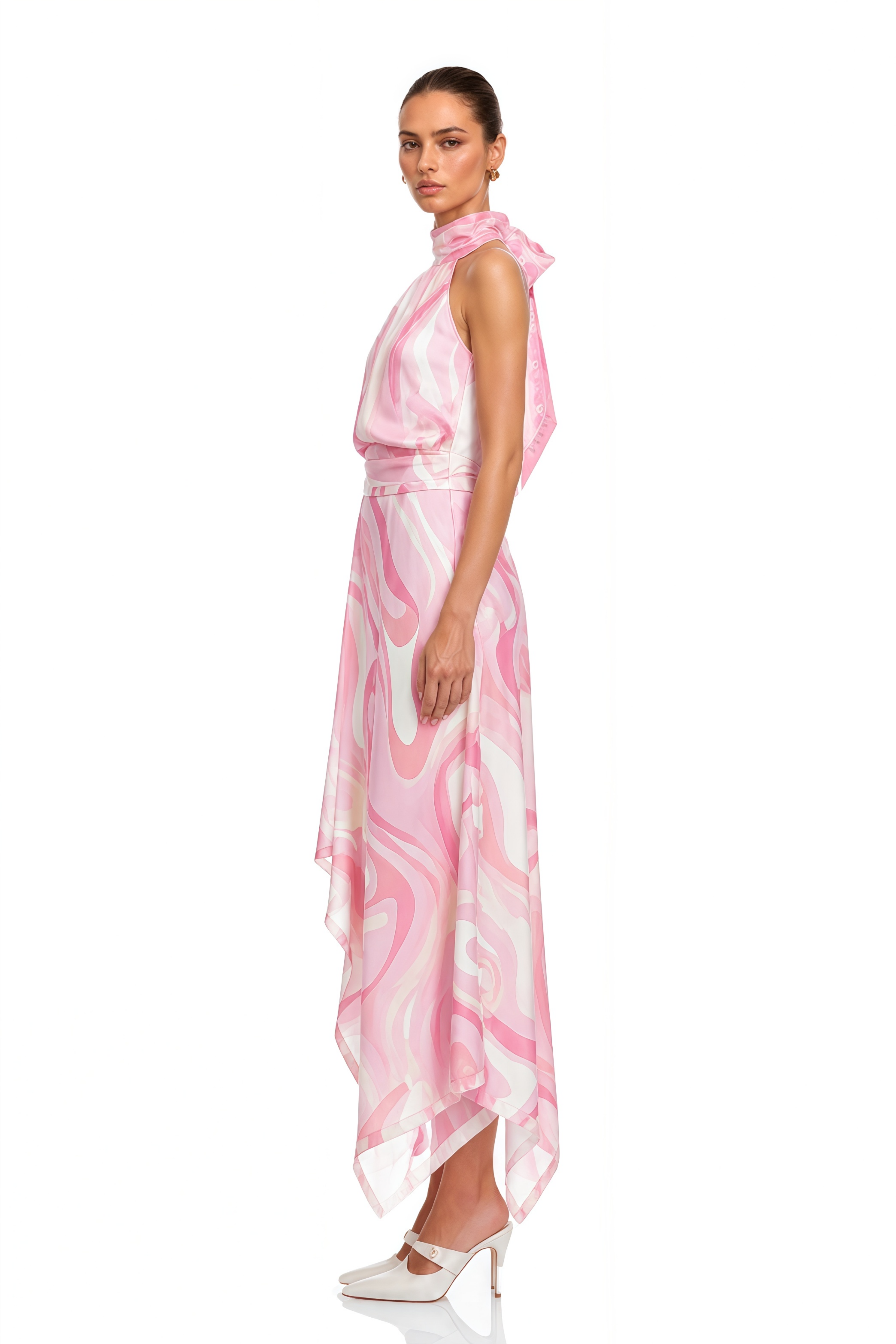 Yvette Pink Abstract Print Halterneck Crop Top & Skirt Set