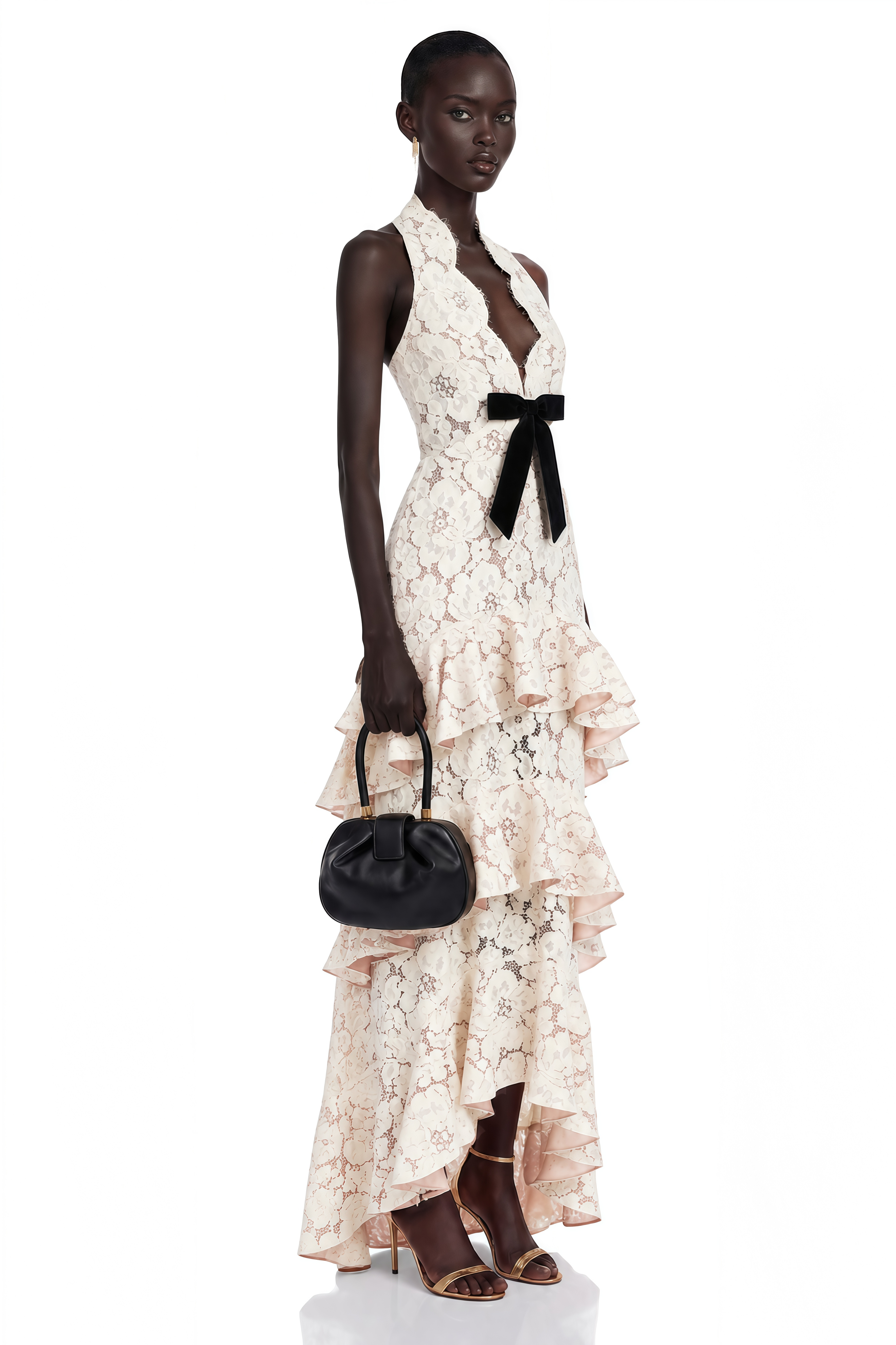 Zehra White Halterneck Tiered Lace Maxi Dress with Bow Detail