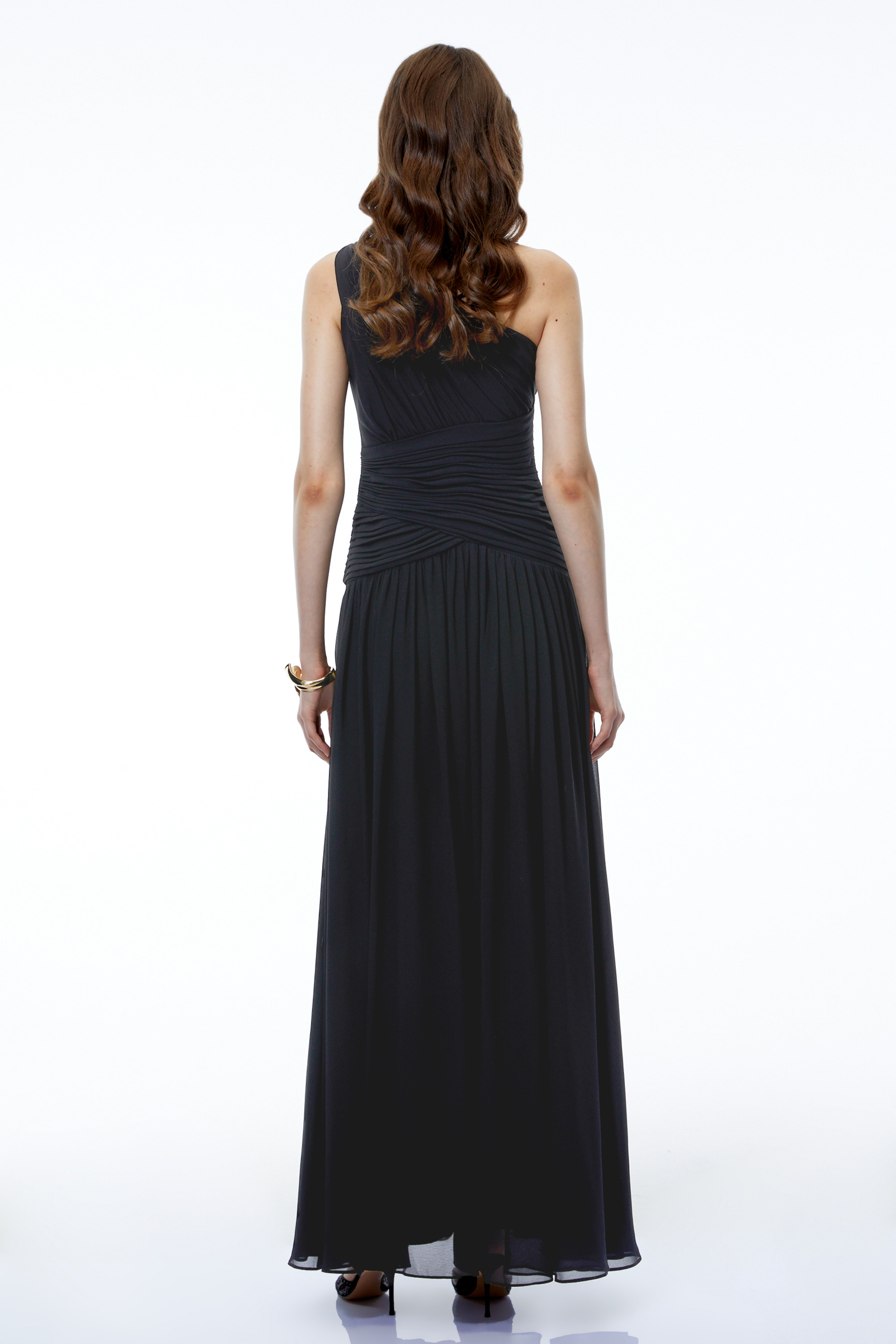 Zeliha Black One Shoulder Cross Front Ruched Maxi Dress