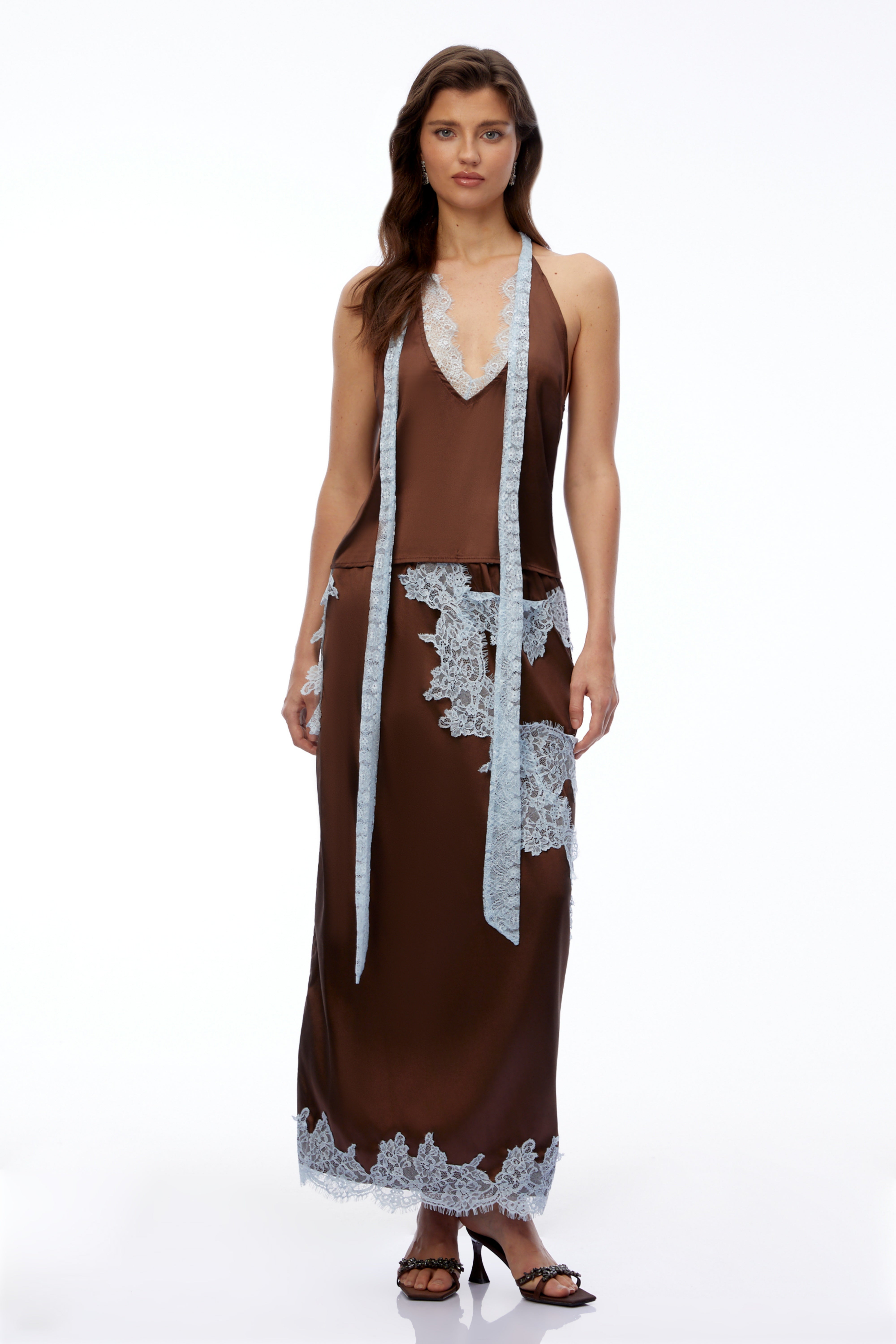 Zenobia Chocolate Brown V-Neck Top & Skirt Set with Lace Trim