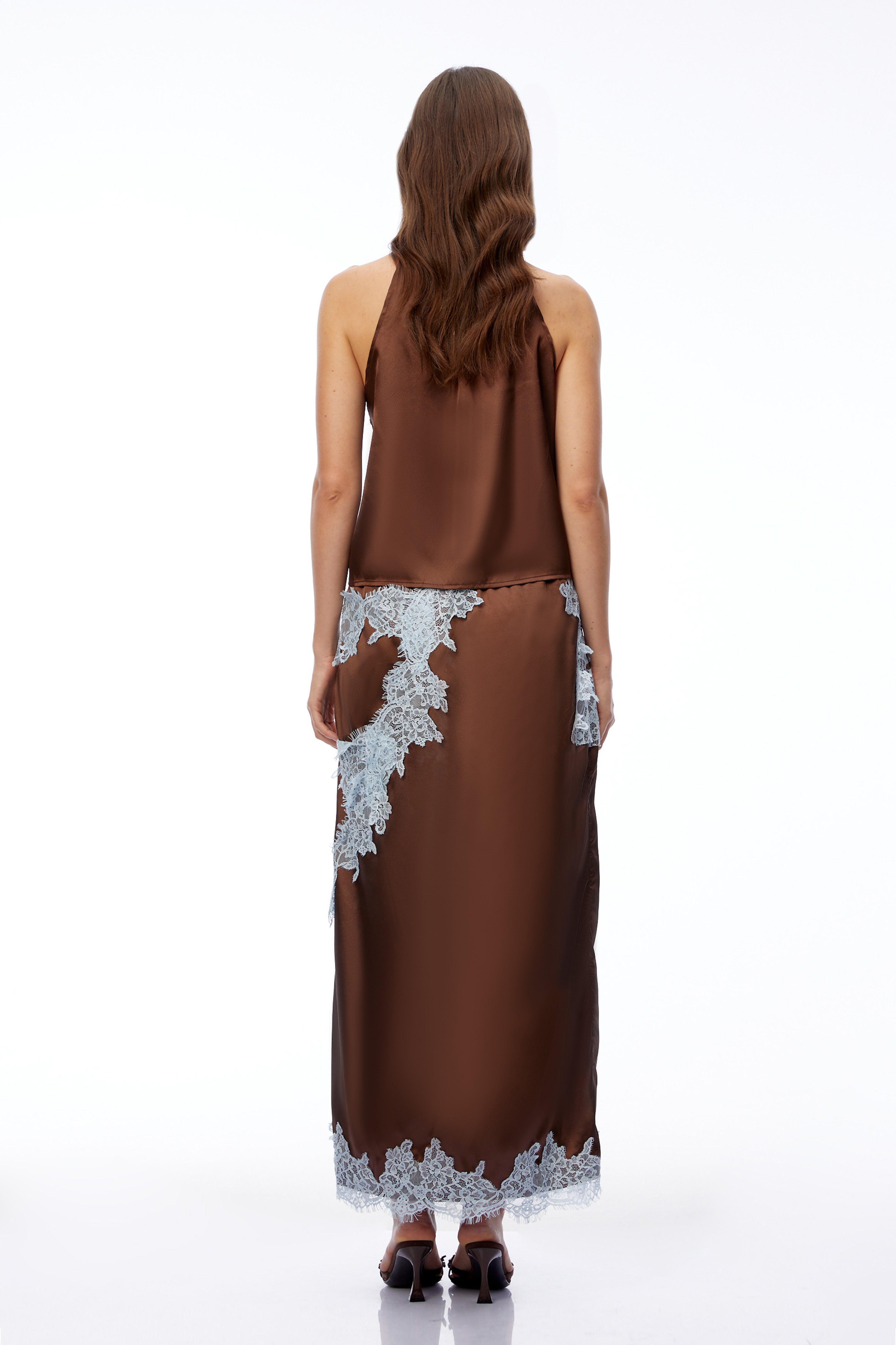 Zenobia Chocolate Brown V-Neck Top & Skirt Set with Lace Trim