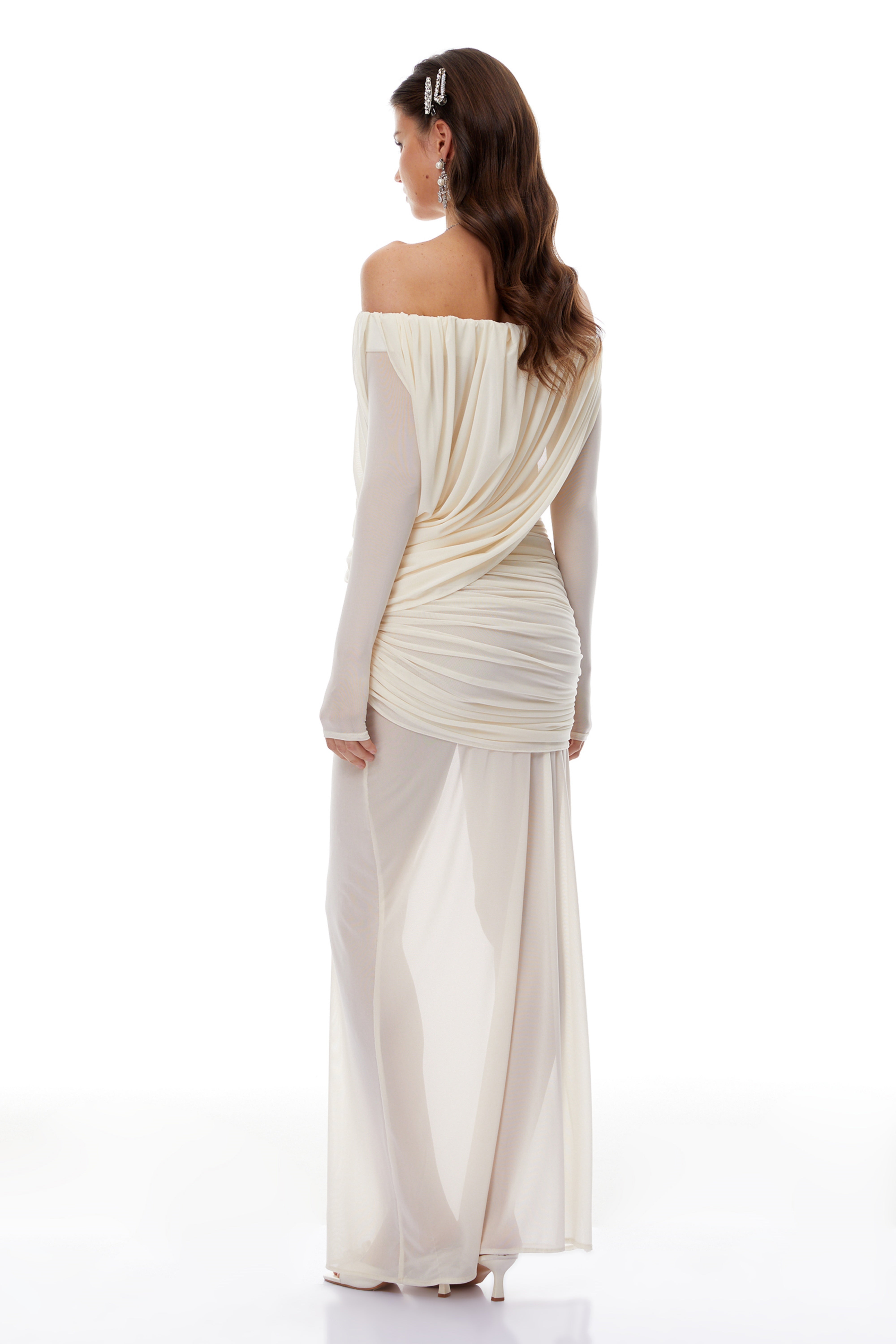 Zenobia White Asymmetrical Draped Mesh Maxi Dress