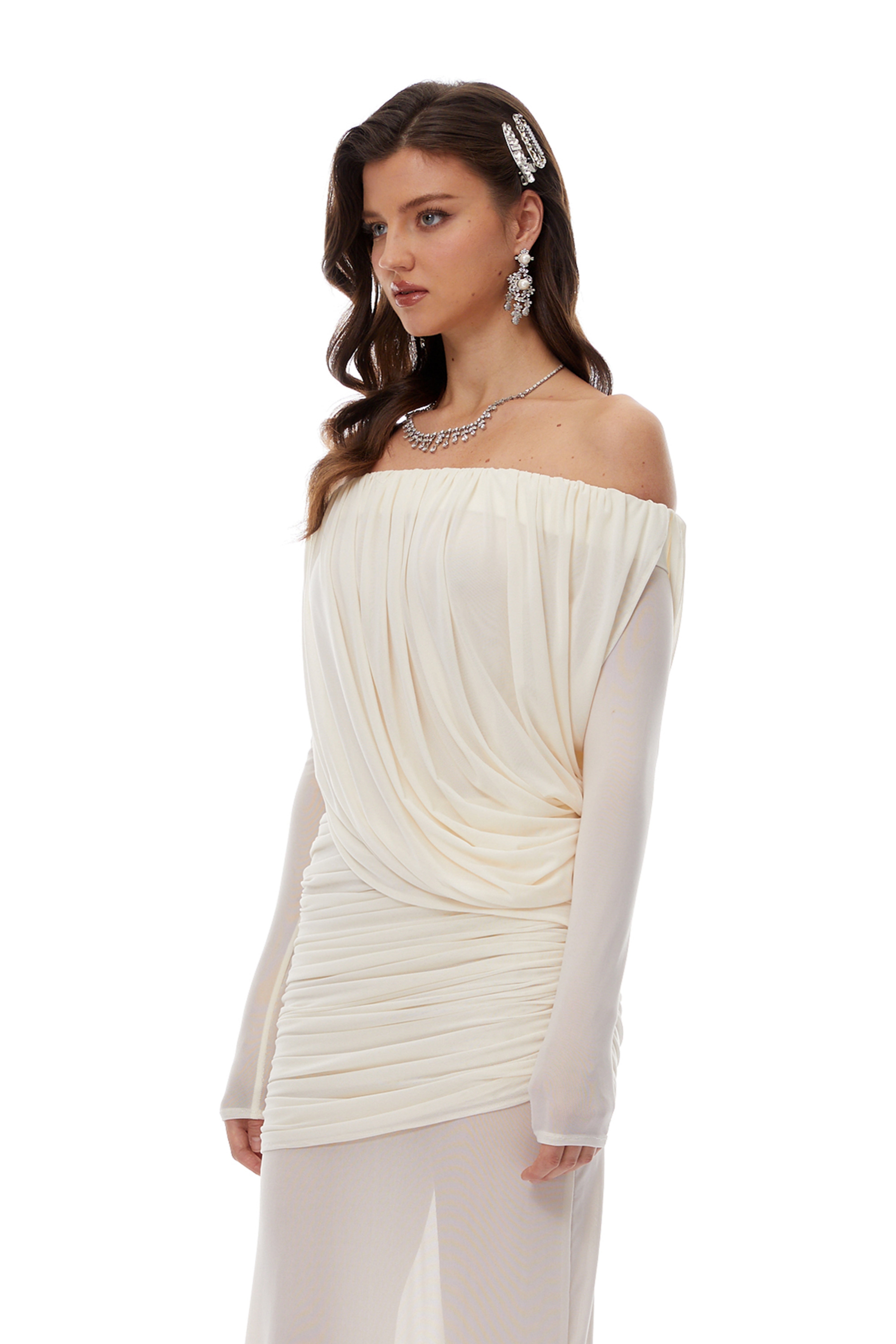 Zenobia White Asymmetrical Draped Mesh Maxi Dress