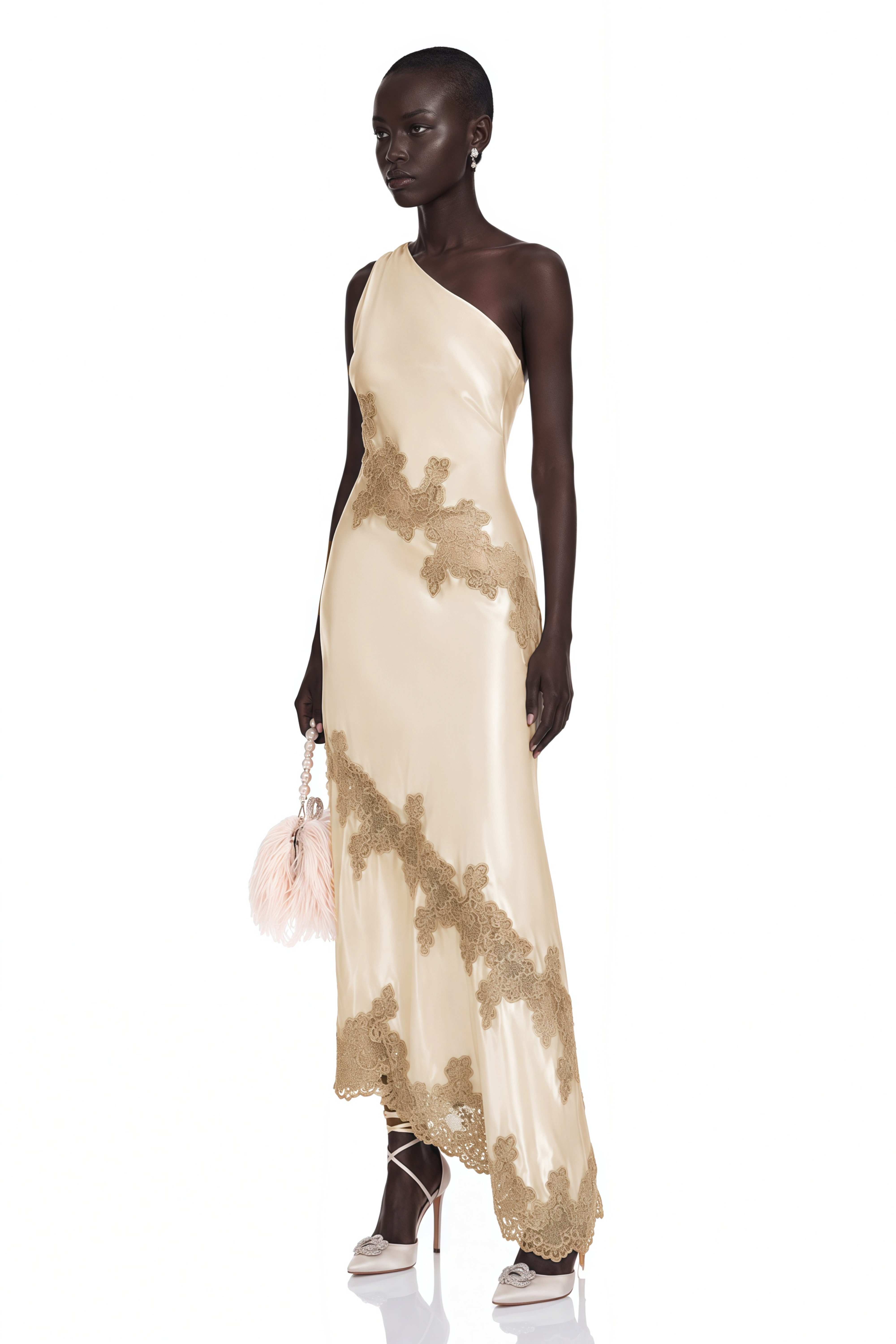 Zeynep Champagne Satin Maxi Dress with Lace Panels