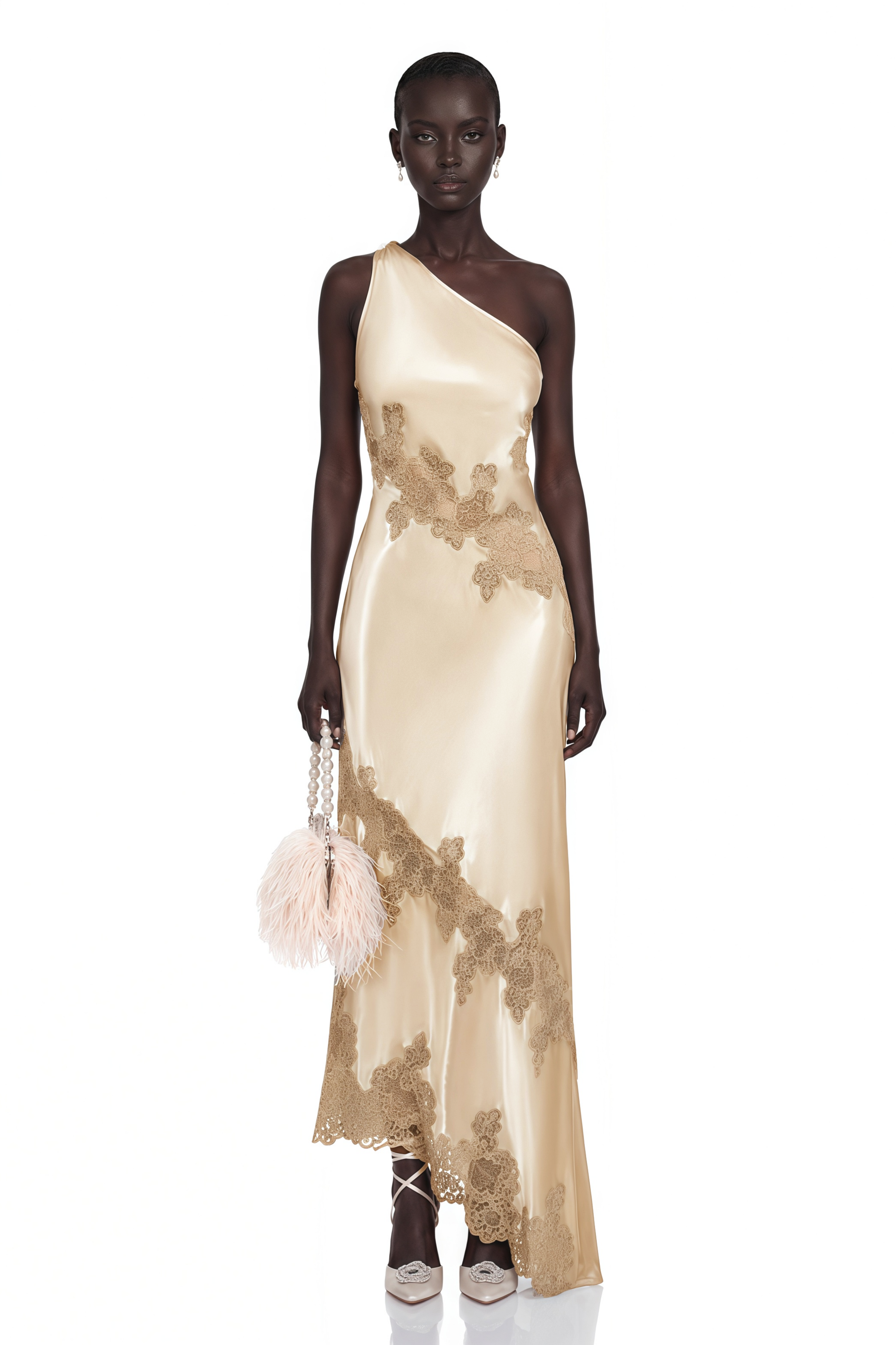 Zeynep Champagne Satin Maxi Dress with Lace Panels