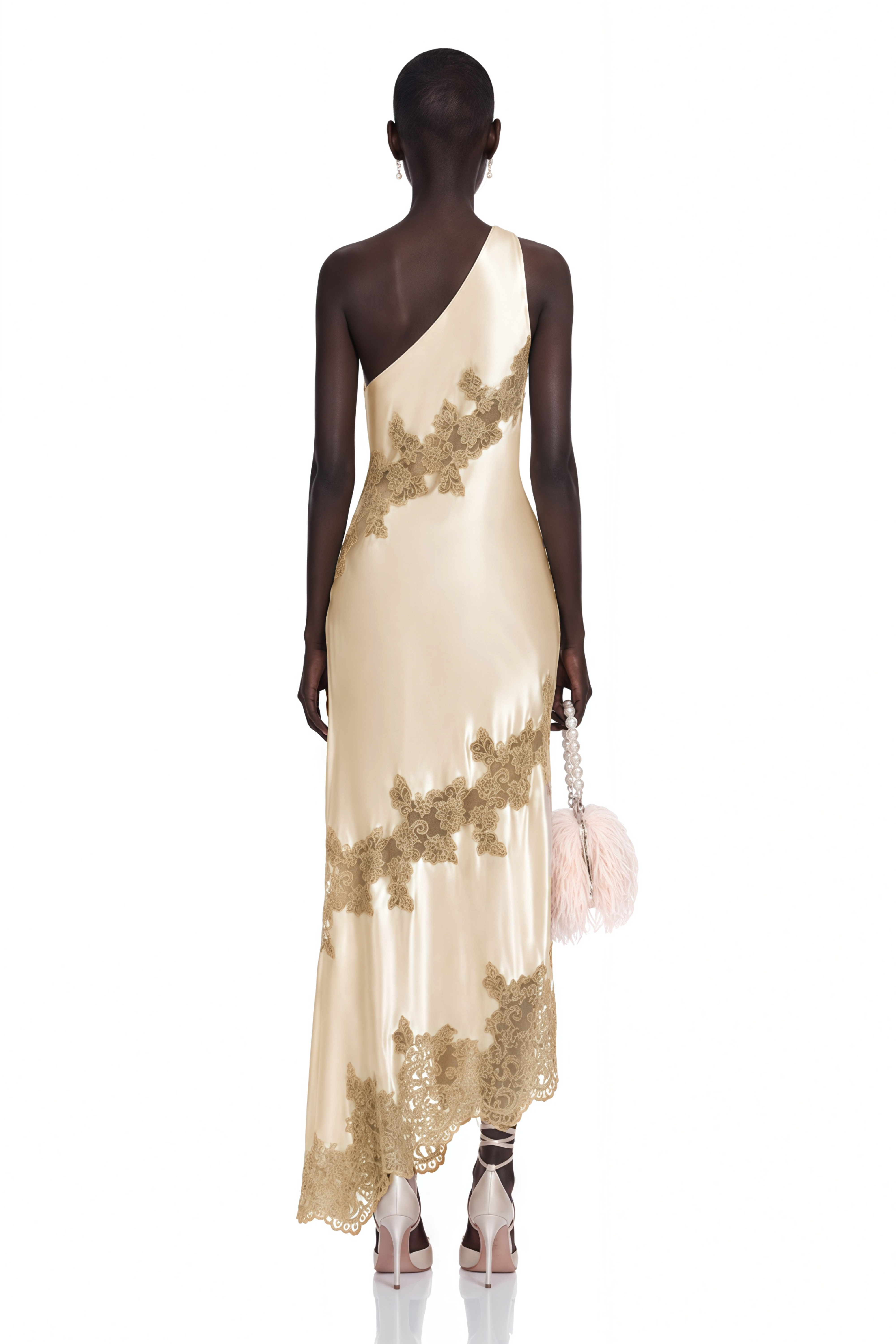 Zeynep Champagne Satin Maxi Dress with Lace Panels
