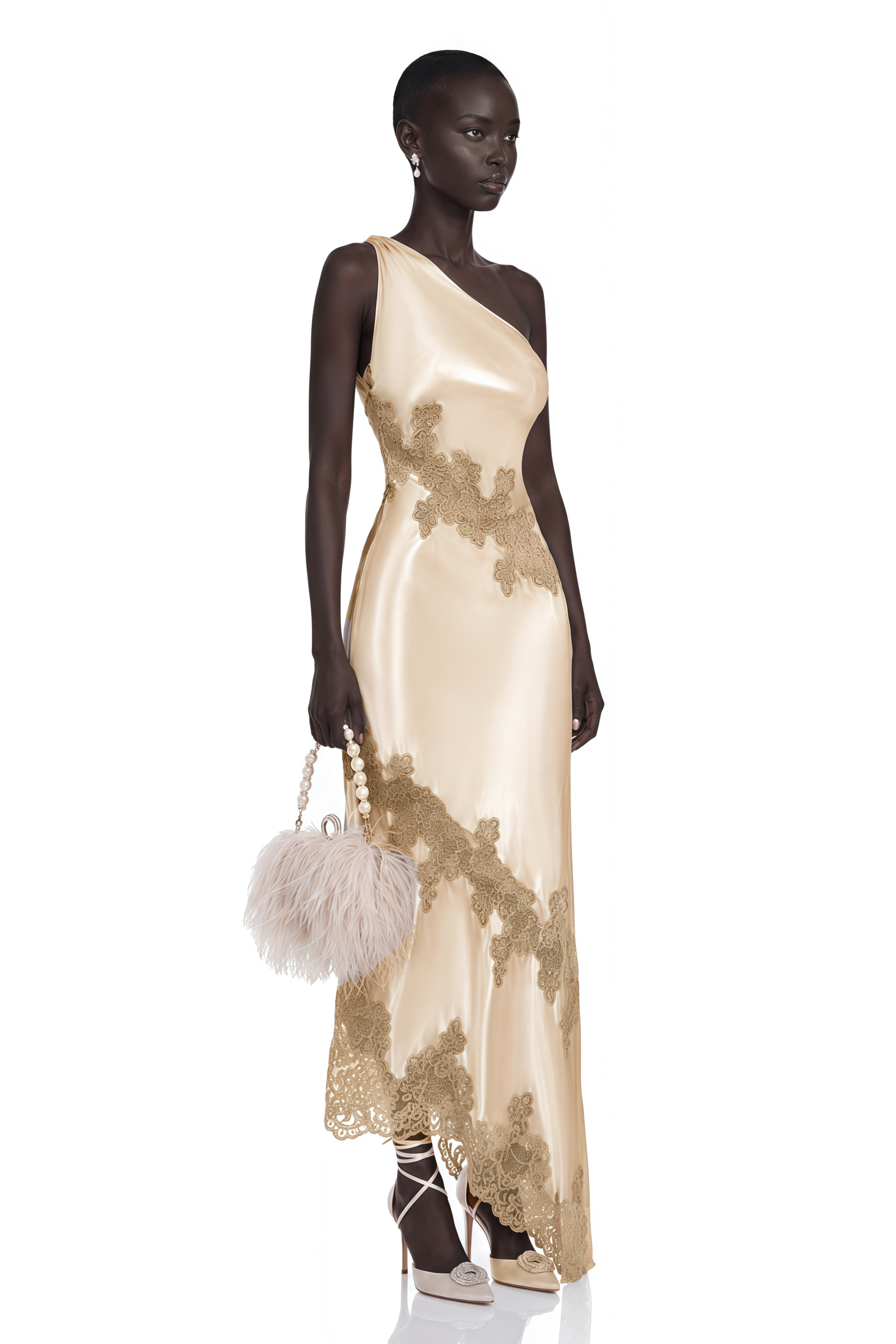 Zeynep Champagne Satin Maxi Dress with Lace Panels