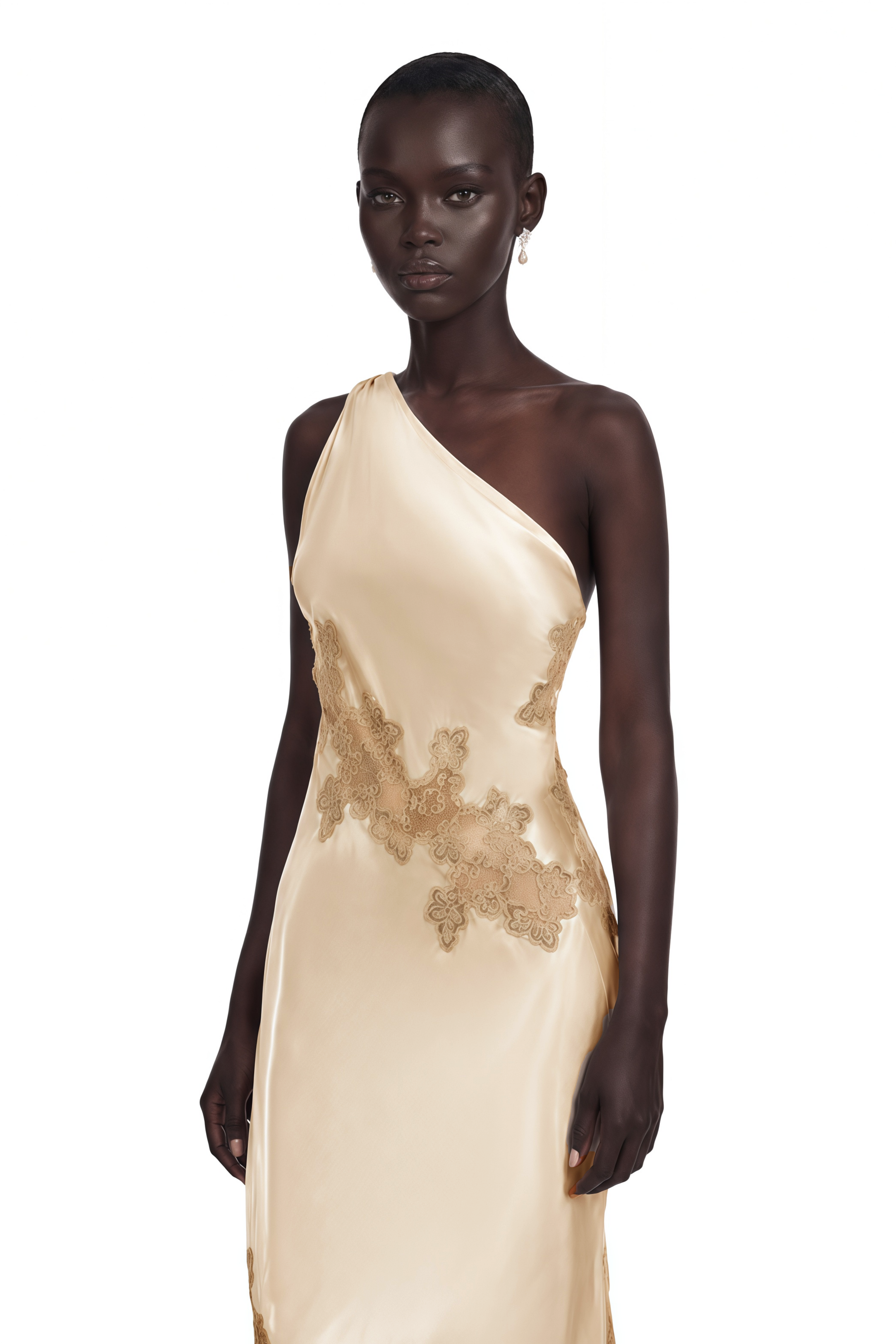Zeynep Champagne Satin Maxi Dress with Lace Panels