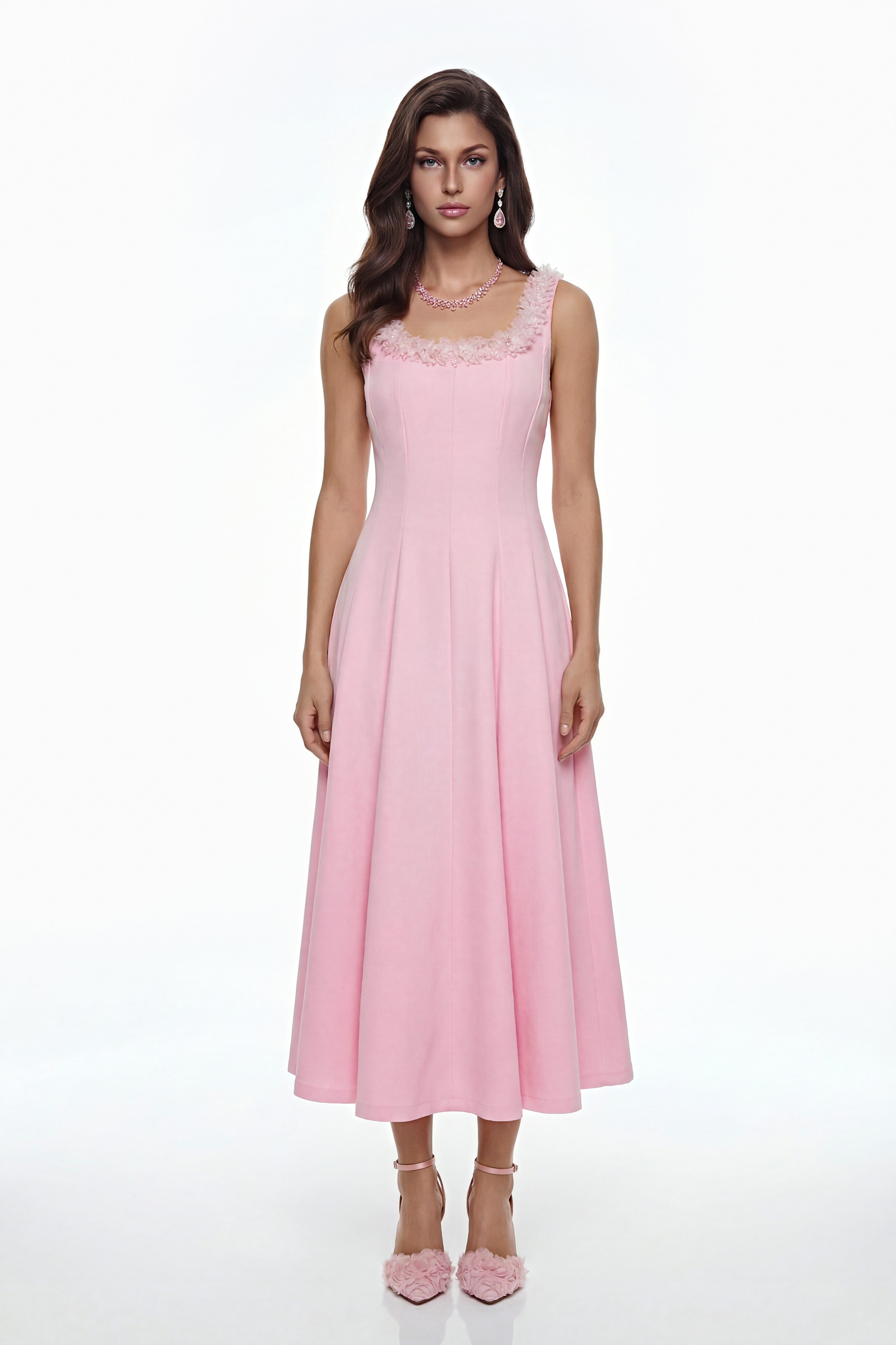 Zinnia Pink Plissee-Midikleid mit 3D-Blütenblättern