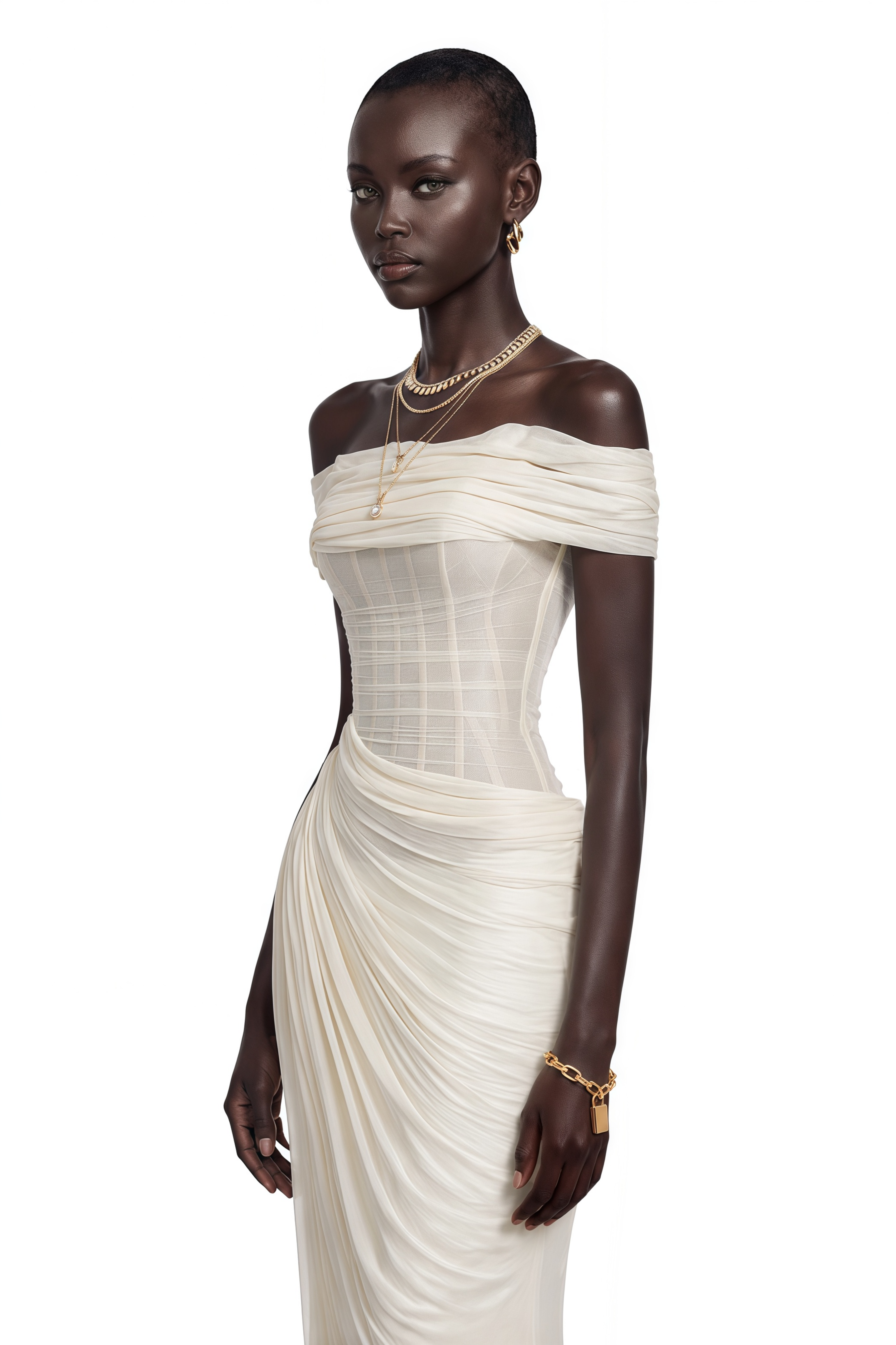 Zinnia White Off Shoulder Ruched Corset Maxi Dress