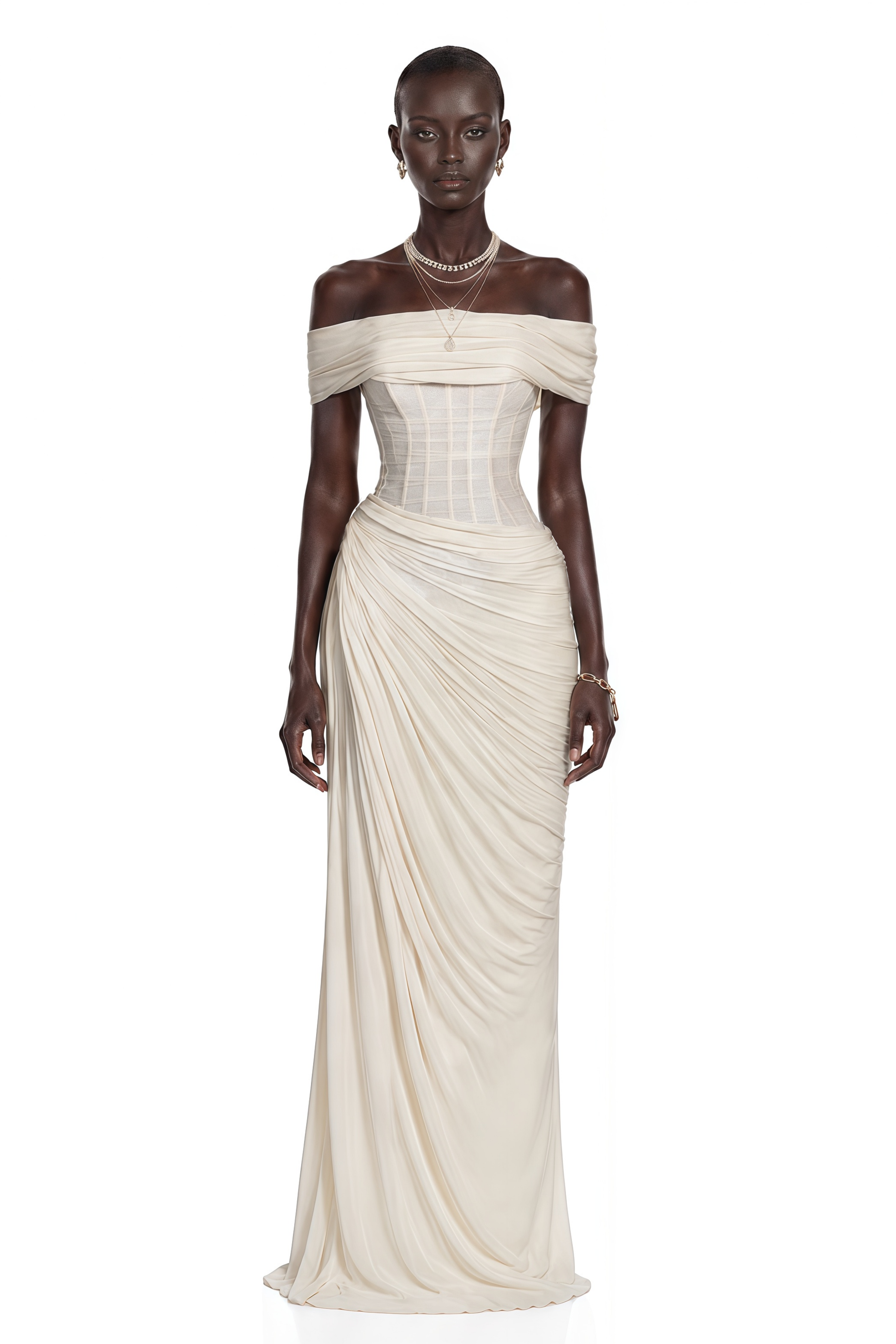 Zinnia White Off Shoulder Ruched Corset Maxi Dress