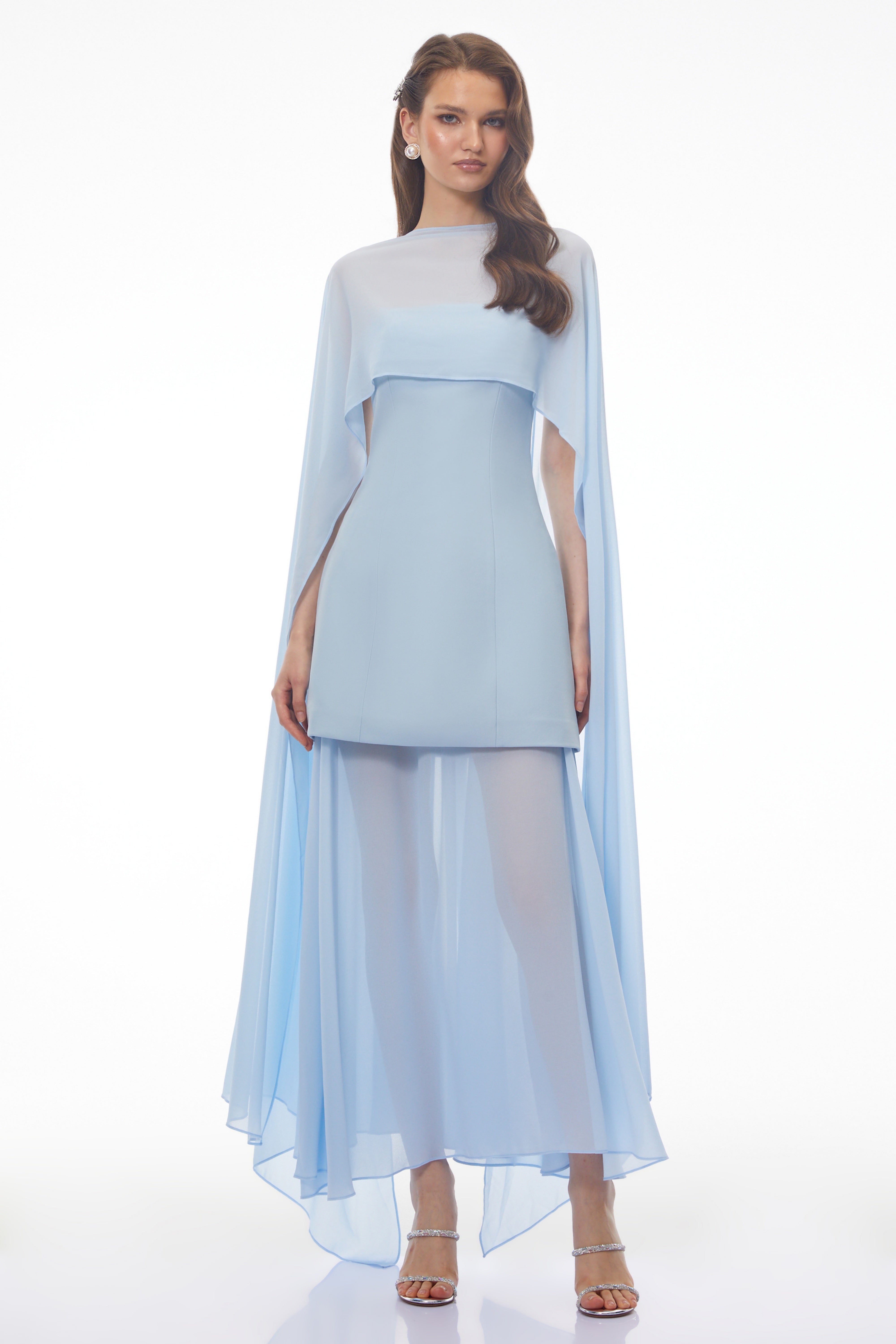 Zoe Blue Chiffon Cape Maxi Dress