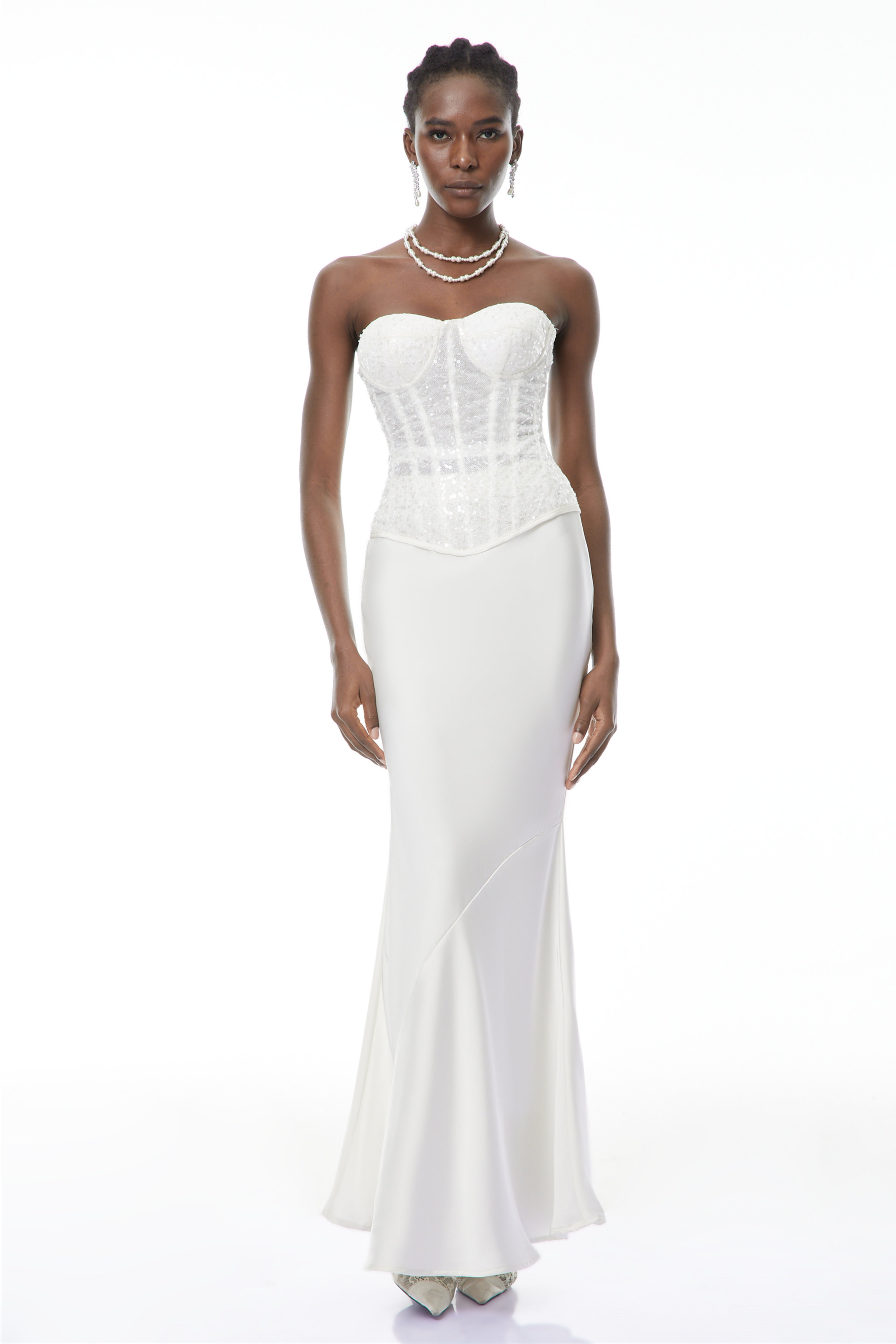 Zora White Sequin Corset Top & Satin Skirt Set