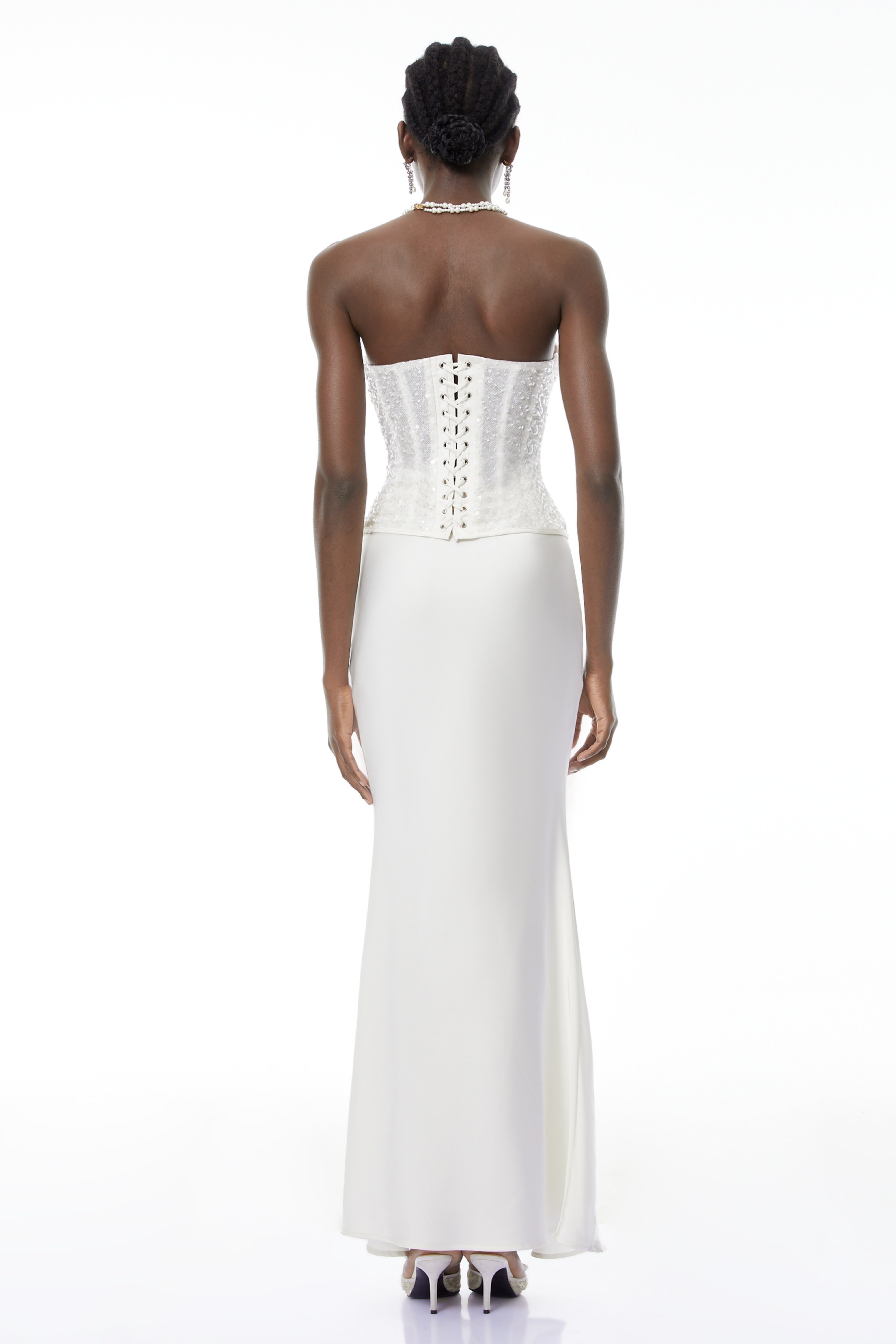 Zora White Sequin Corset Top & Satin Skirt Set