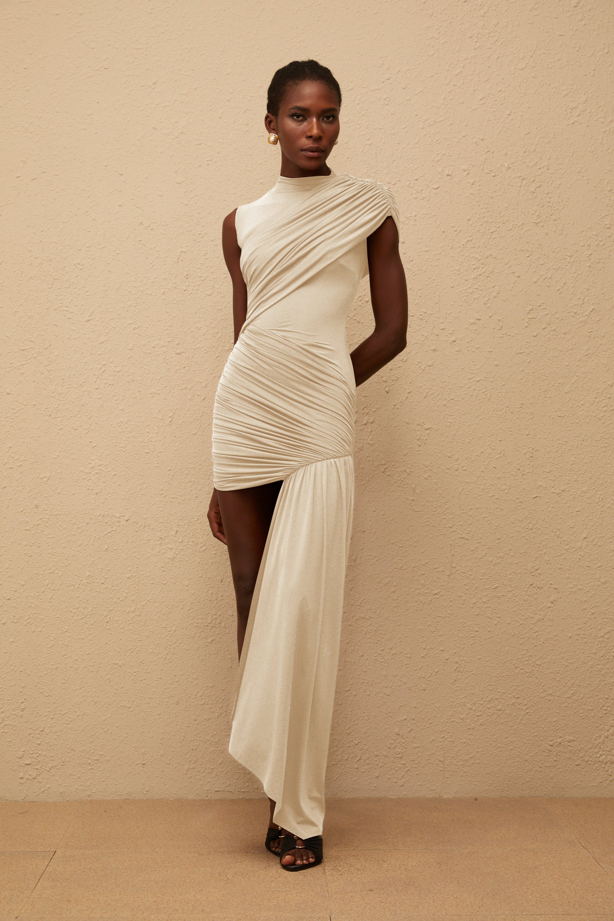 Fée Neutral Asymmetrical Ruched Mini Dress