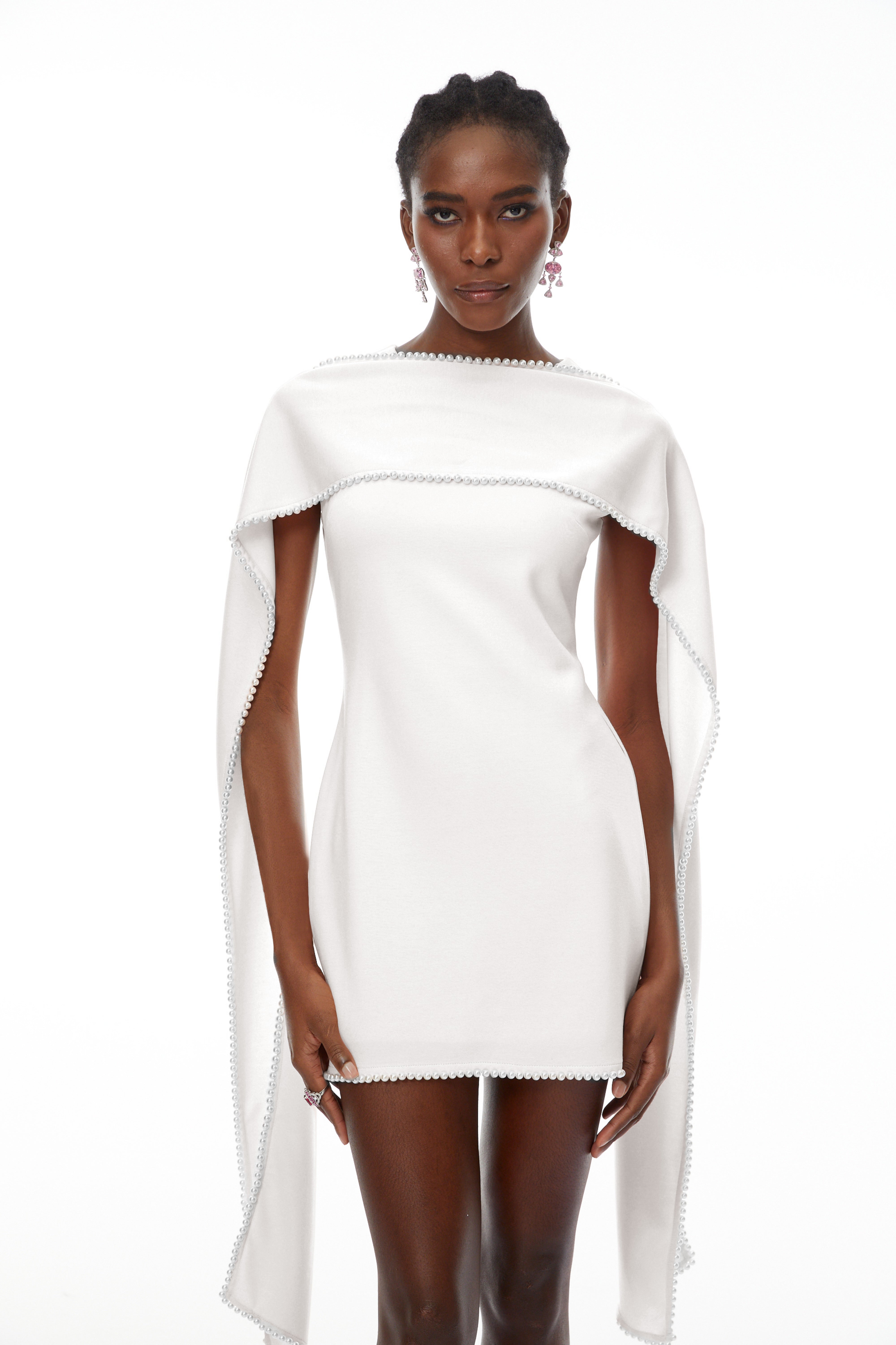 Piroska White Sleeveless Pearl Trim Mini Dress