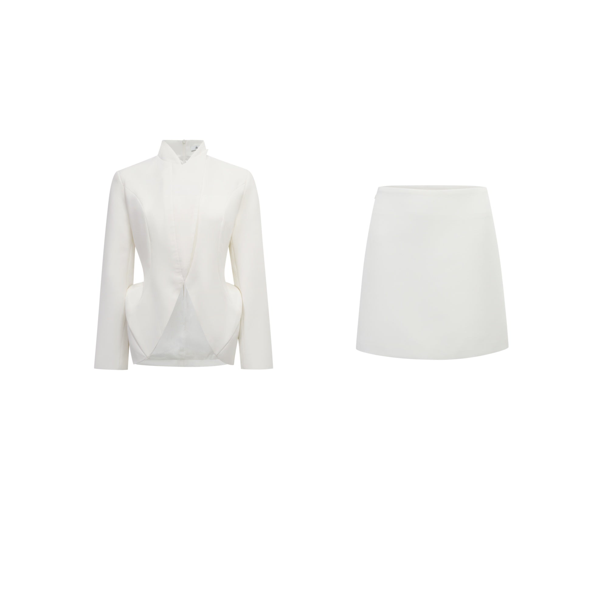 Adriana Weißes Set aus Jacke und Rock im Barrel-Design