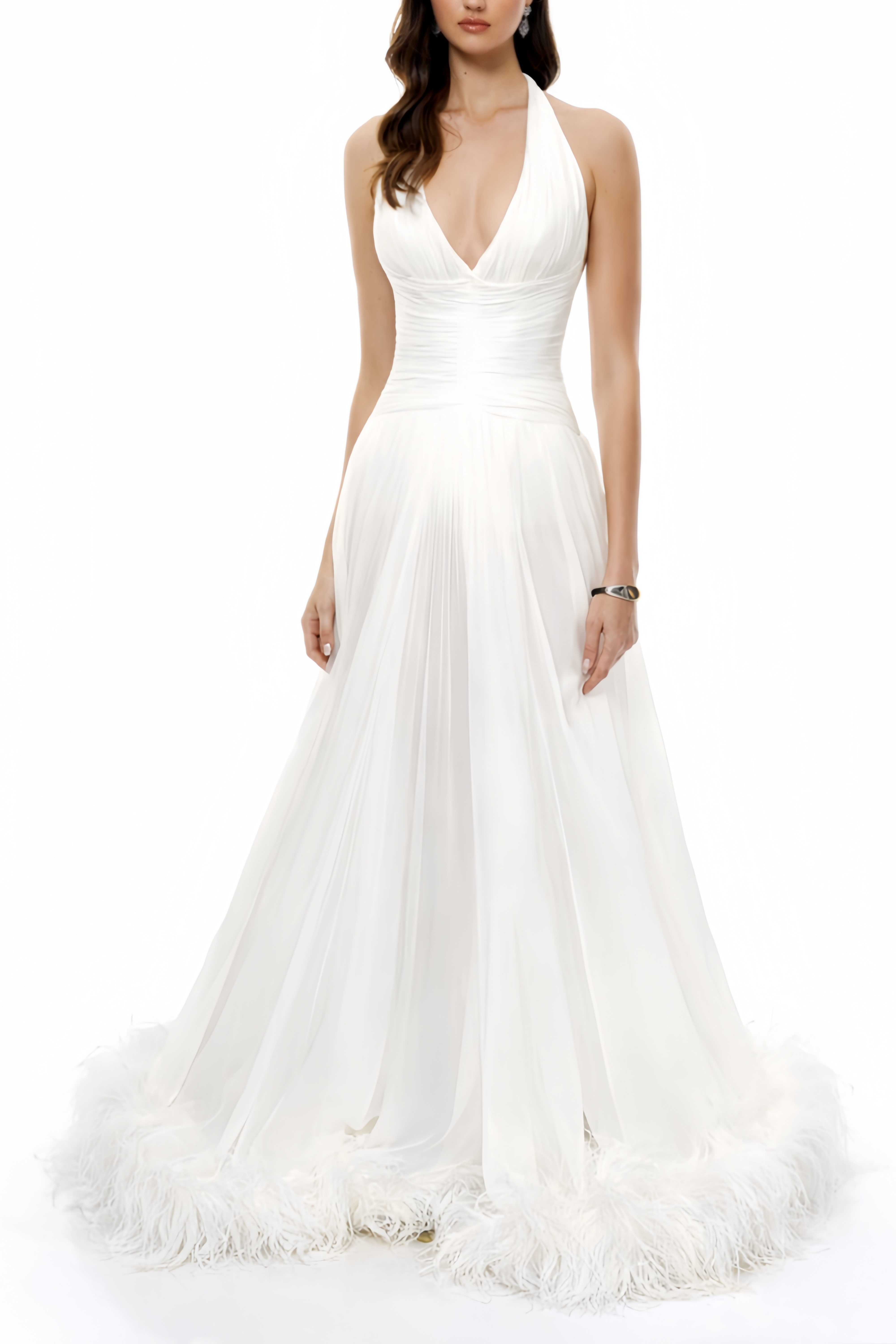 Ramona White Feather Hem Gathered Maxi Dress