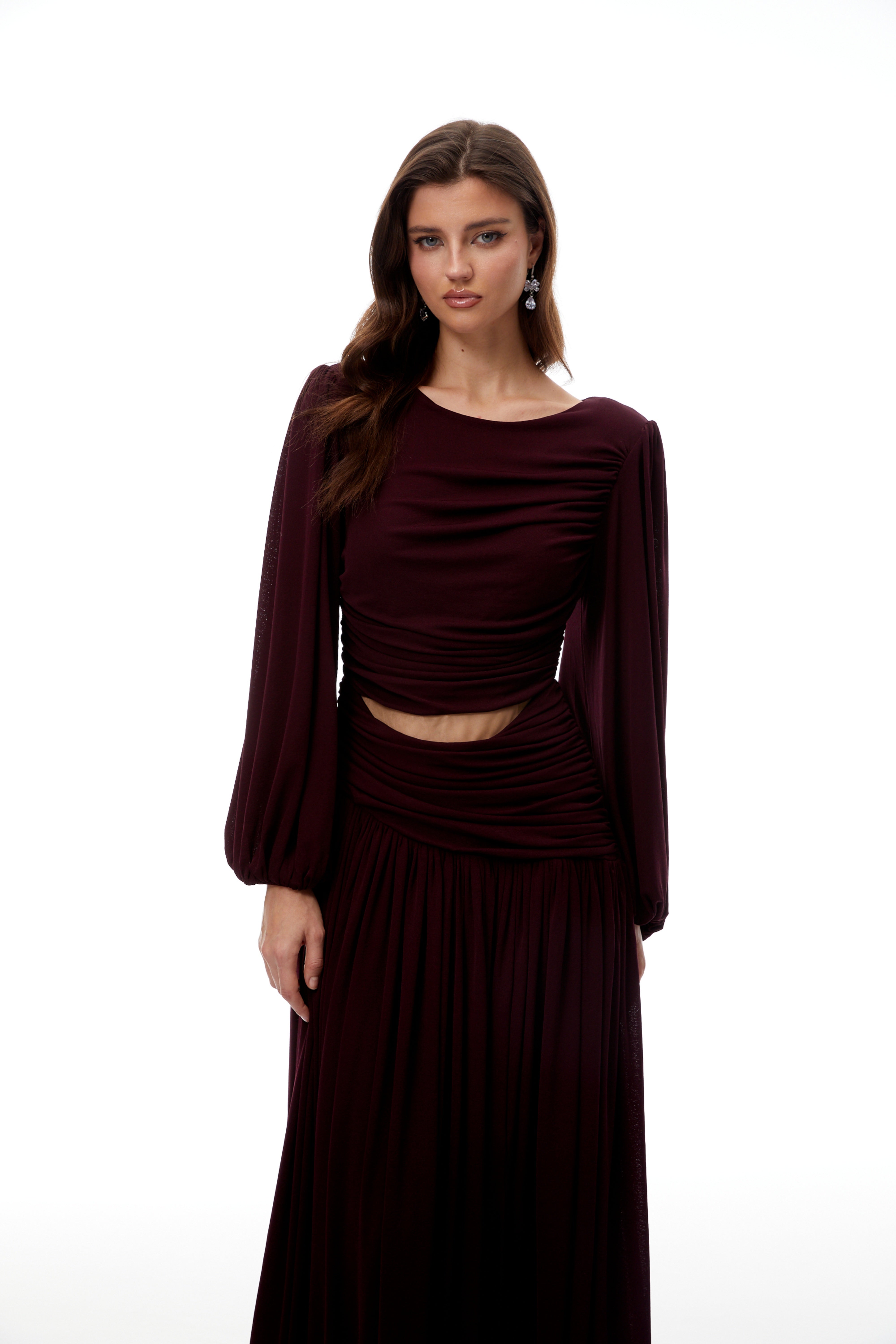 Fiorella Burgundy Cut Out Gathered Midi Dress