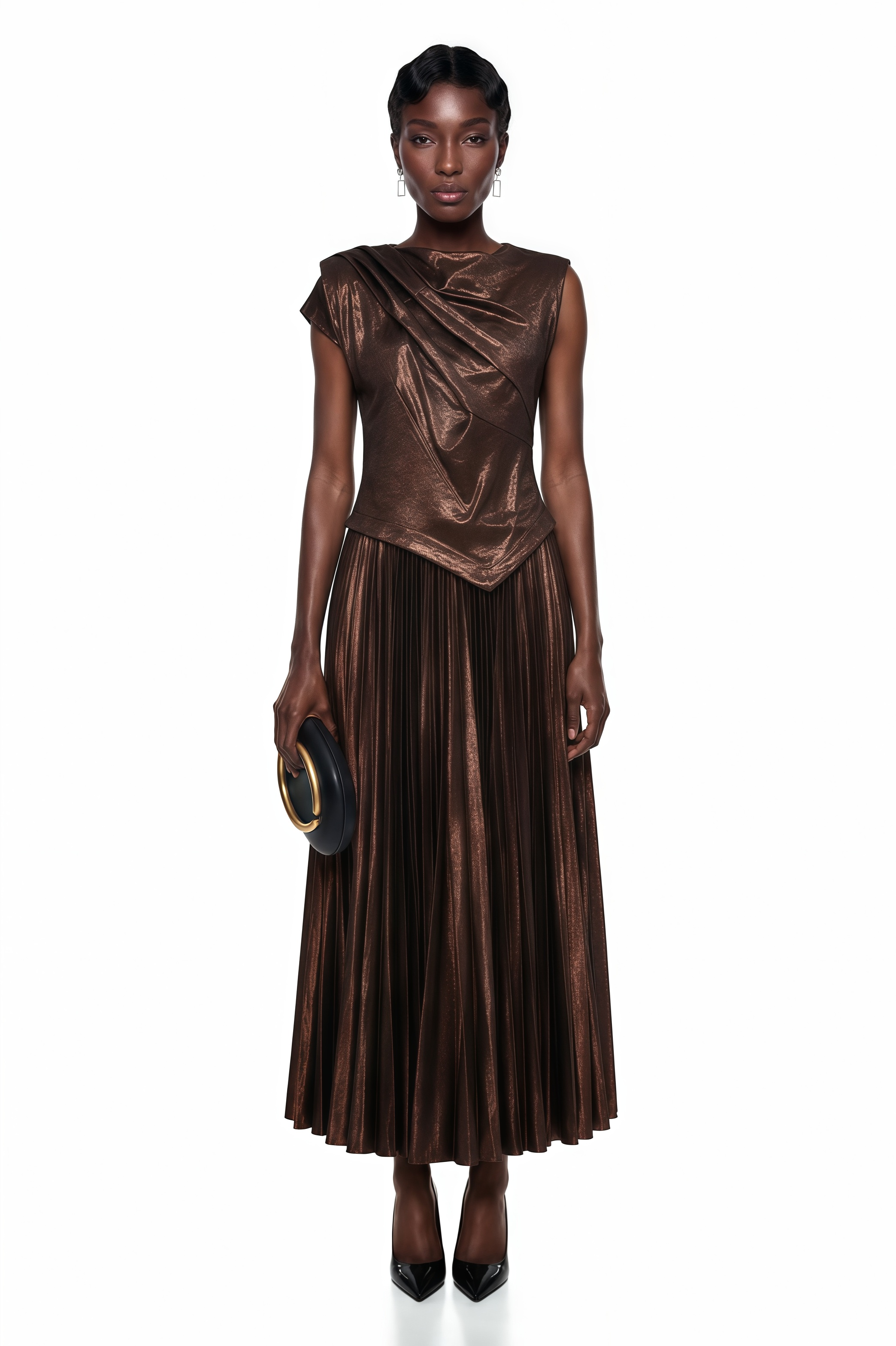 Robe longue plissée asymétrique Jacinta, couleur chocolat
