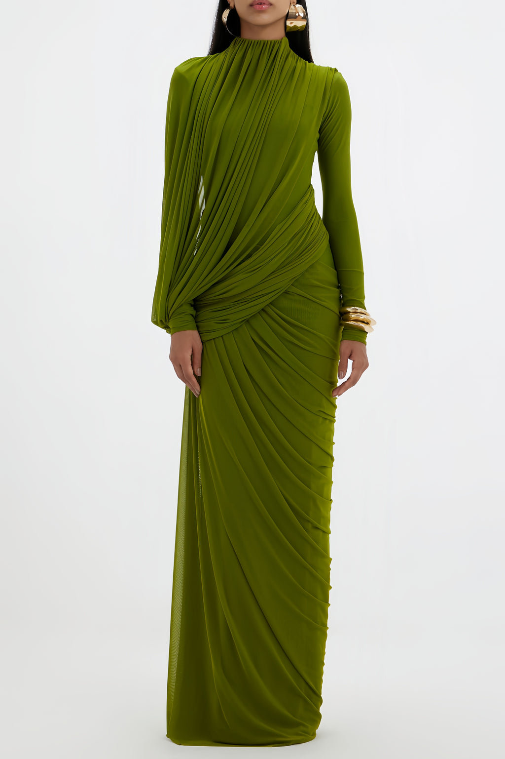 Arlette Green Asymmetrical Ruched Maxi Dress