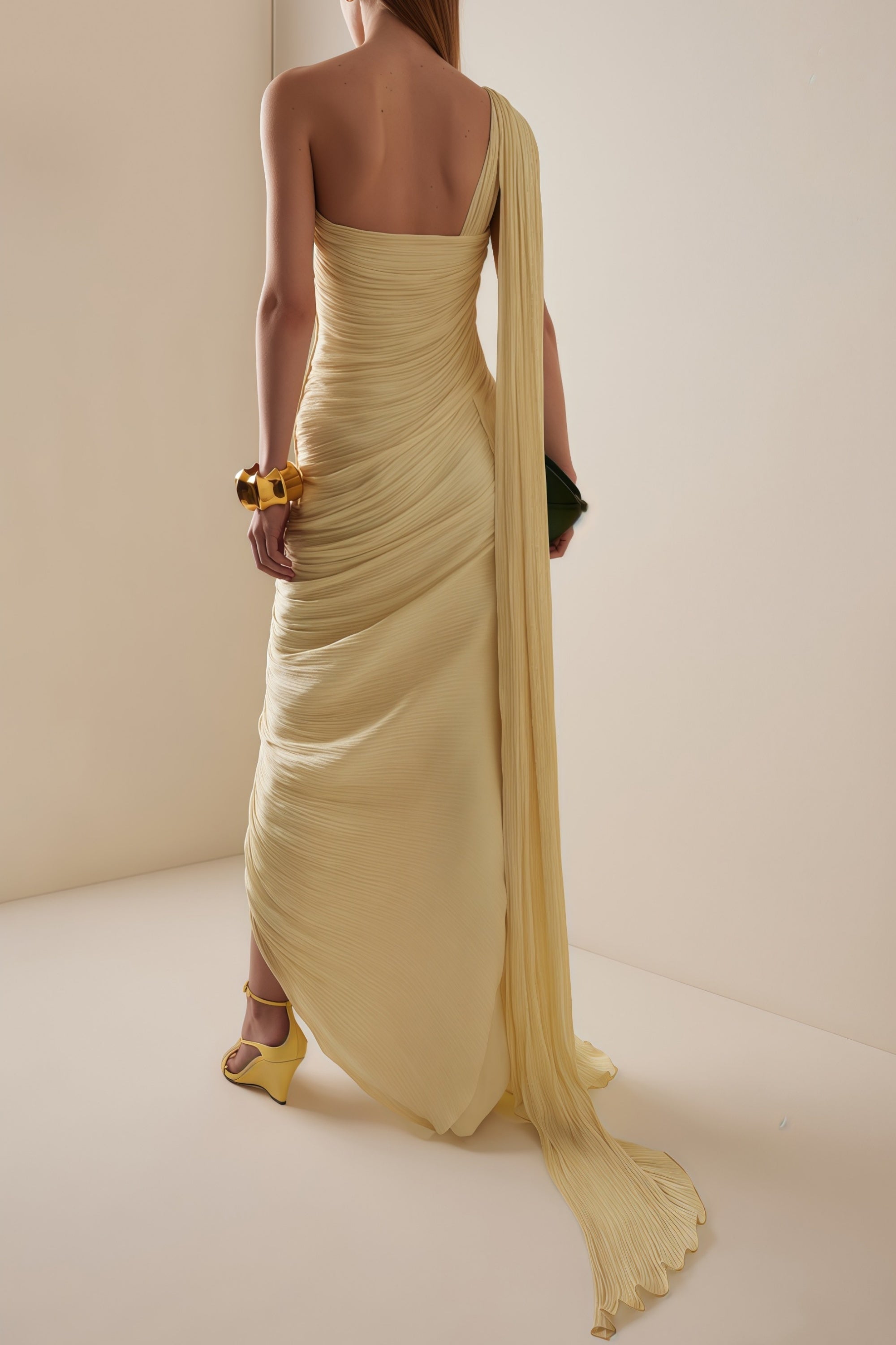 Einseitiges, drapiertes Kleid aus Plissé-Seide