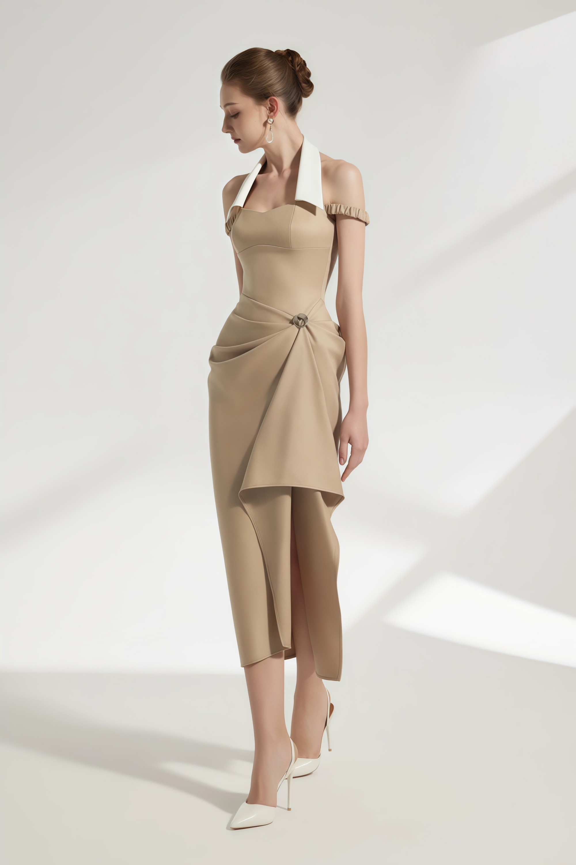 Kaelin Khaki Halterneck Asymmetrical Gathered Midi Dress