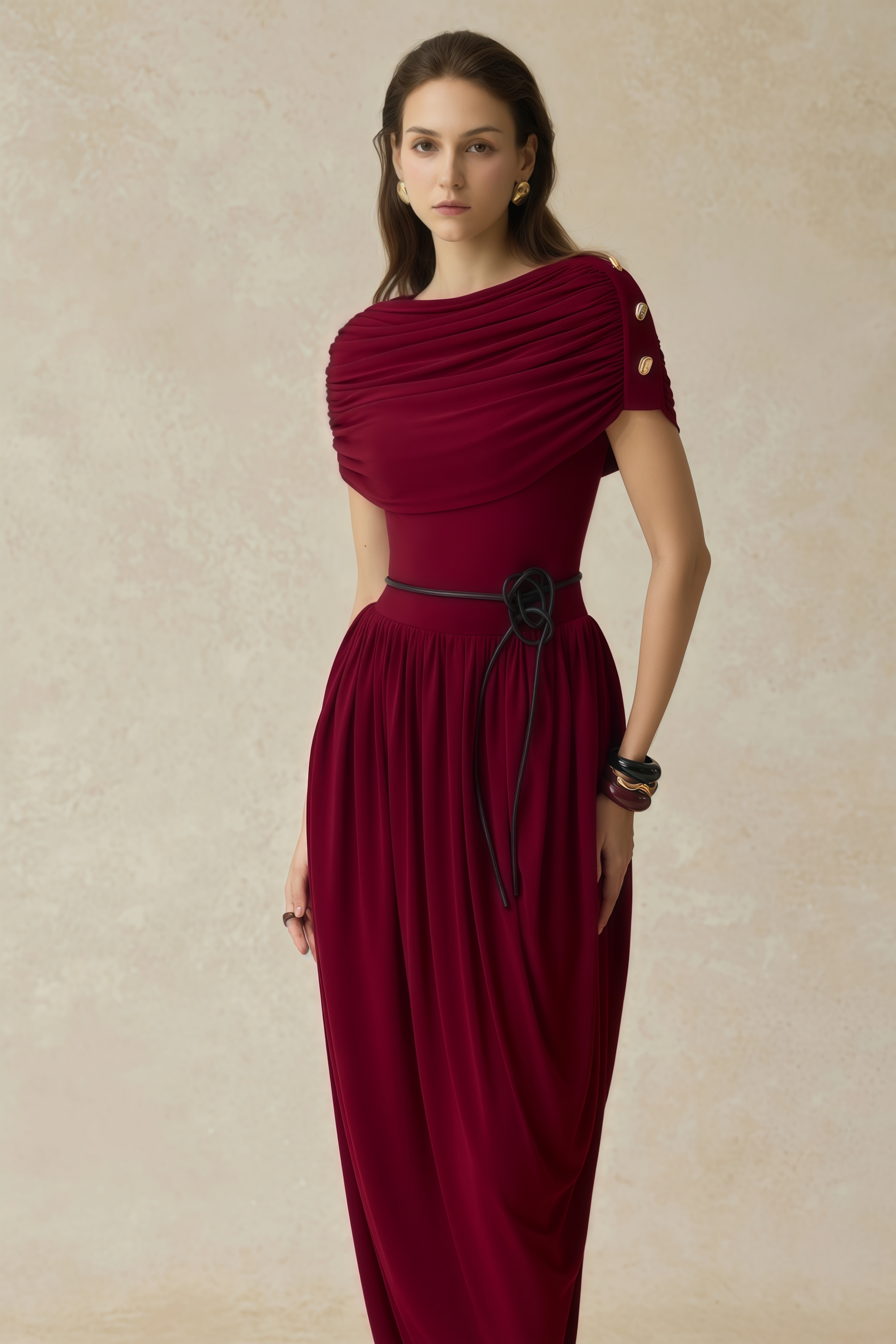 Gianna Burgundy Shawl Design Draped Maxi Dress