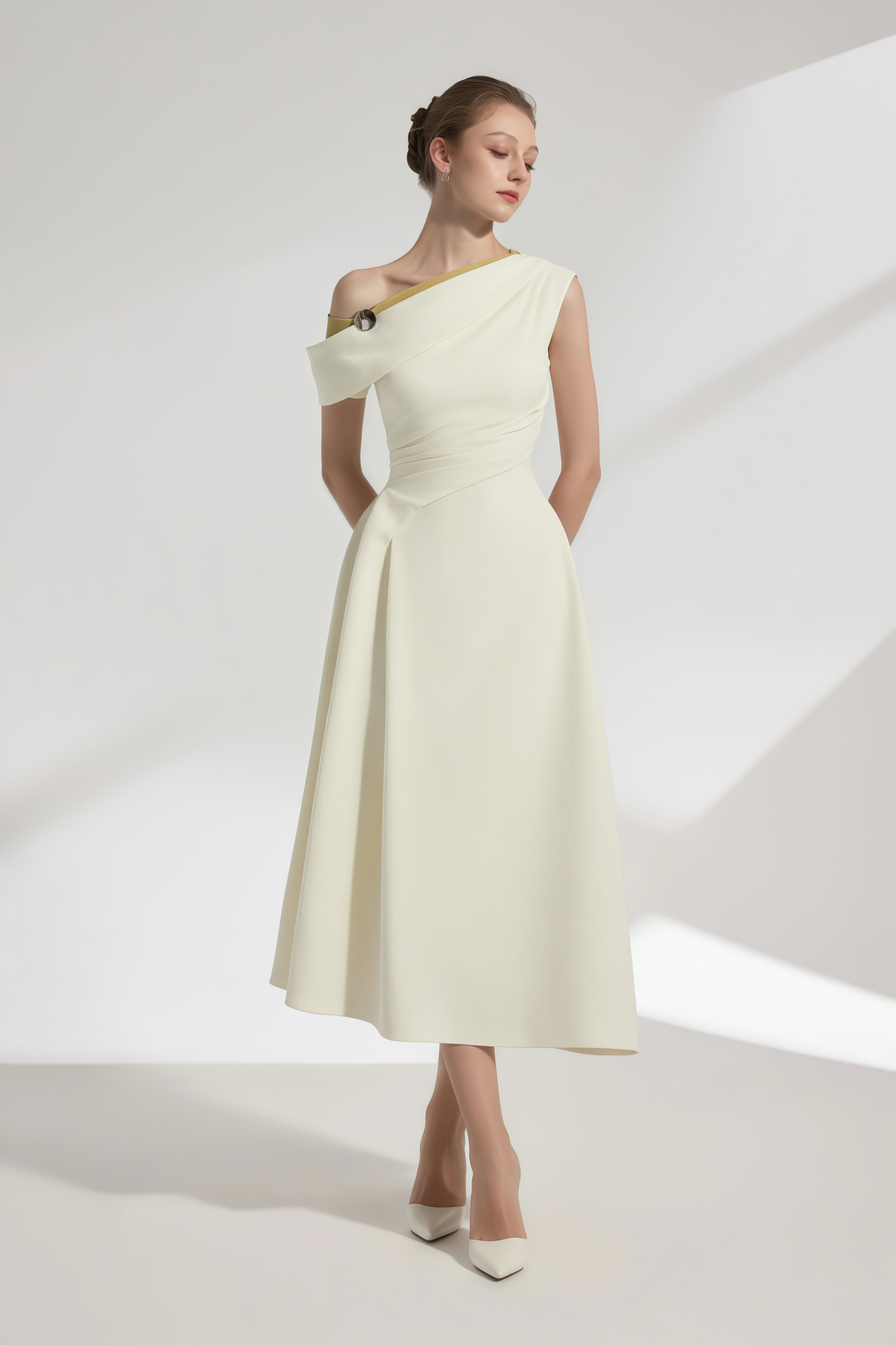 Blossom White One Shoulder Ruched Midi Dress