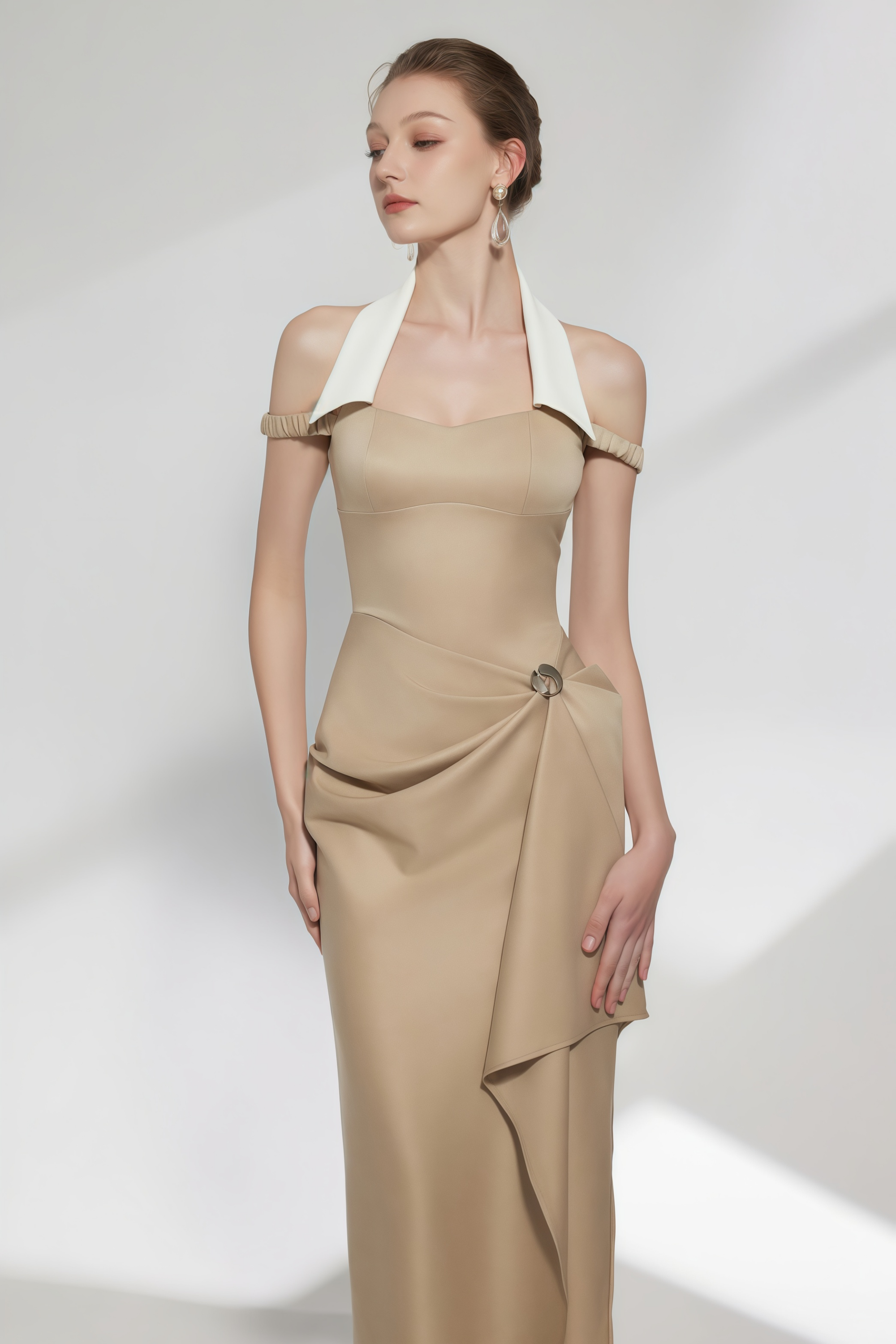 Kaelin Khaki Halterneck Asymmetrical Gathered Midi Dress