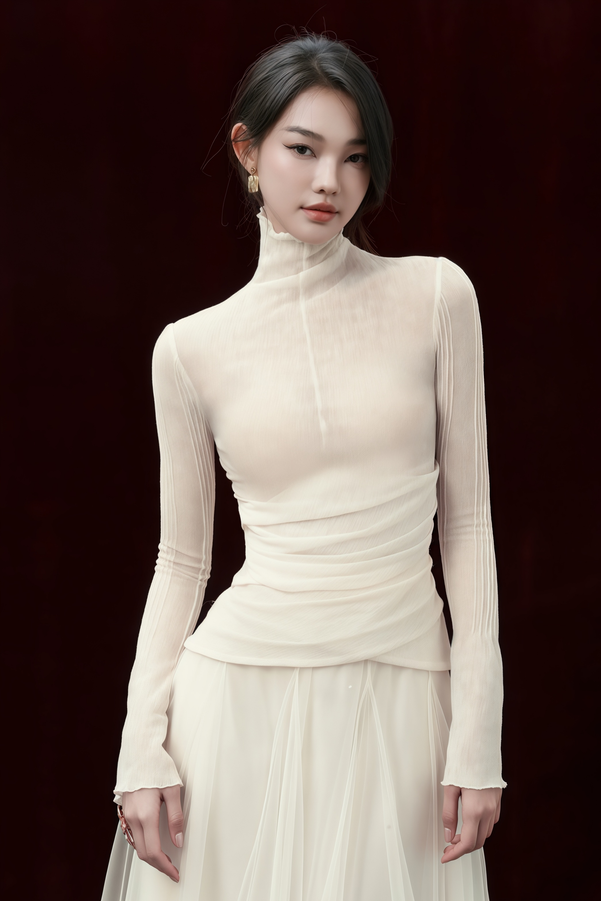 Langes Strickkleid mit Tüll-Einsatz in Weiß von Lark