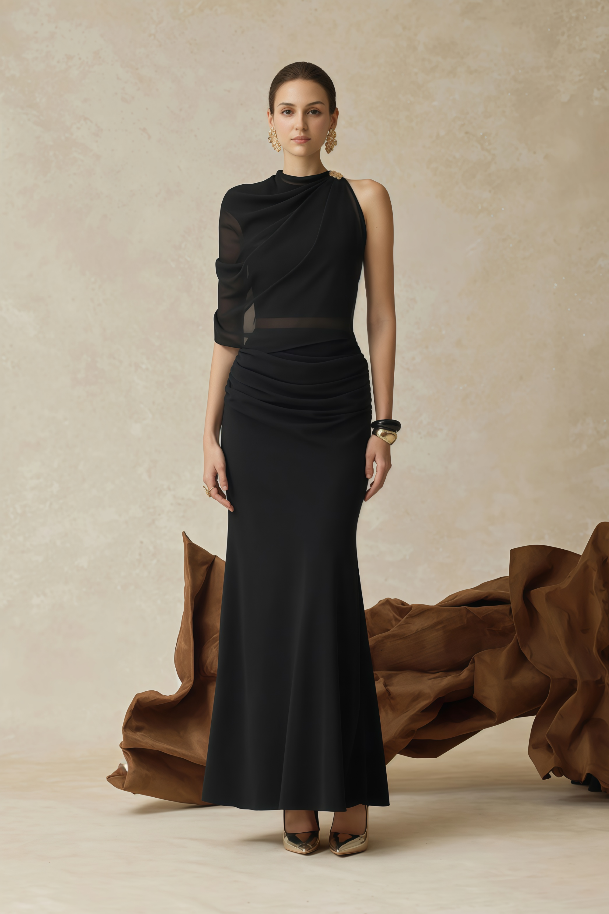 طقم كاليبسو أسود غير متماثل من توب وتنورة مكشكشة