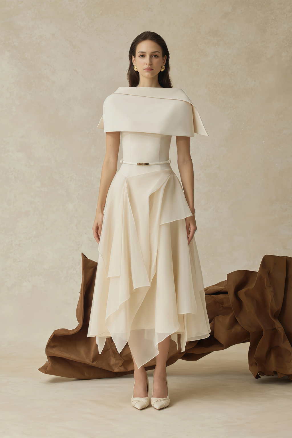 Aria White Asymmetrical Shawl & Tulle Panel Dress Set