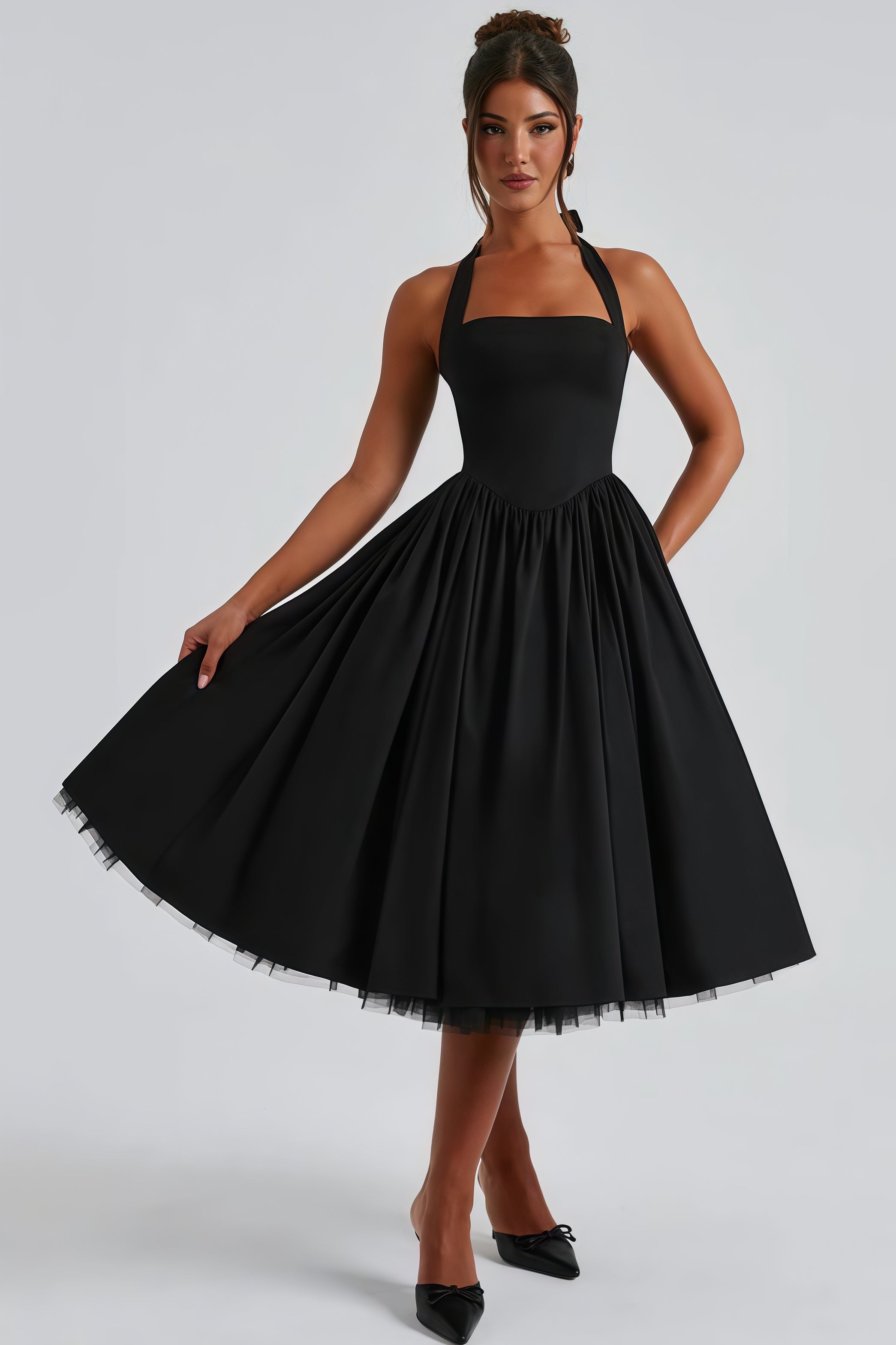 Eponine Black Layered Flared Hem Midi Dress