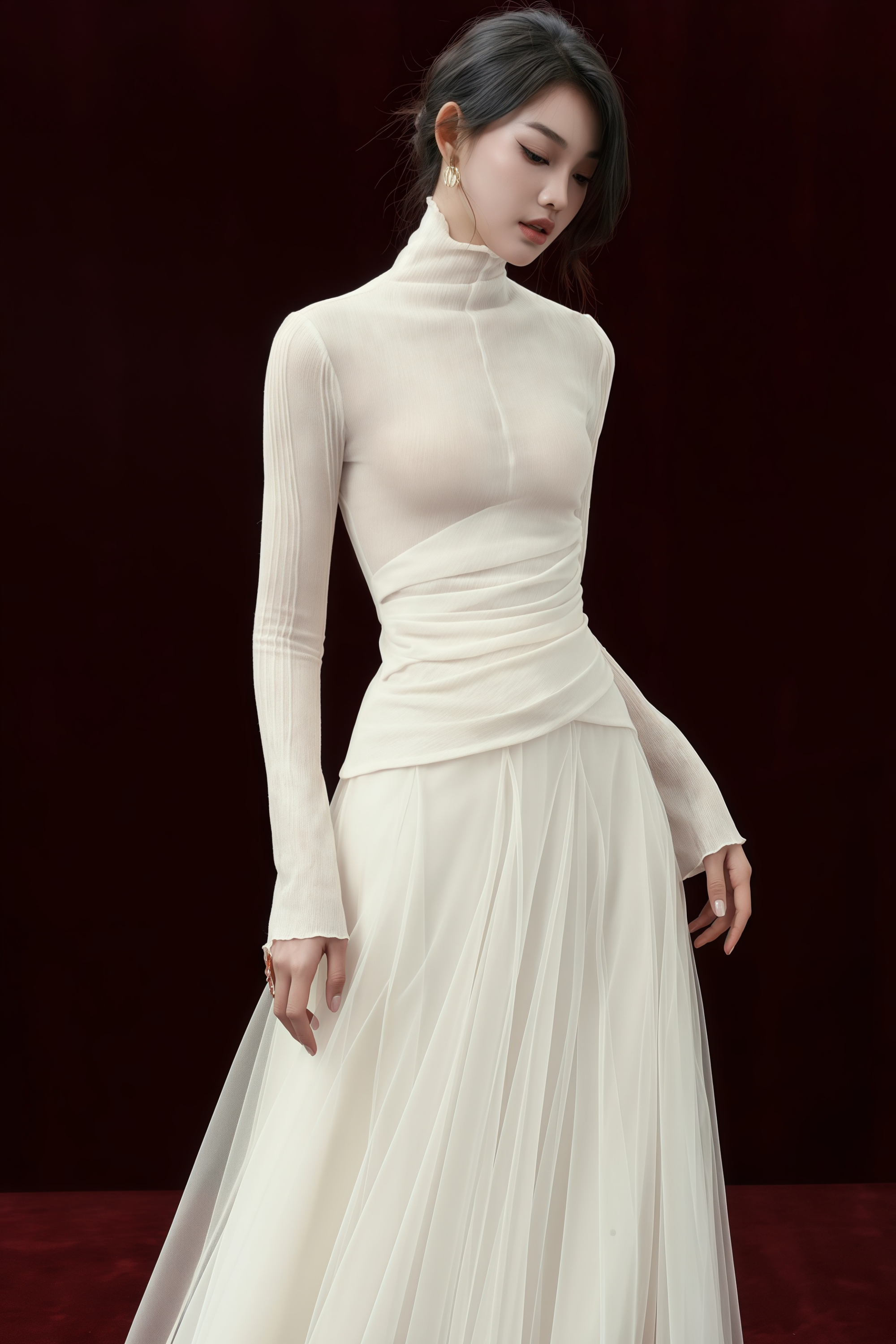 Langes Strickkleid mit Tüll-Einsatz in Weiß von Lark