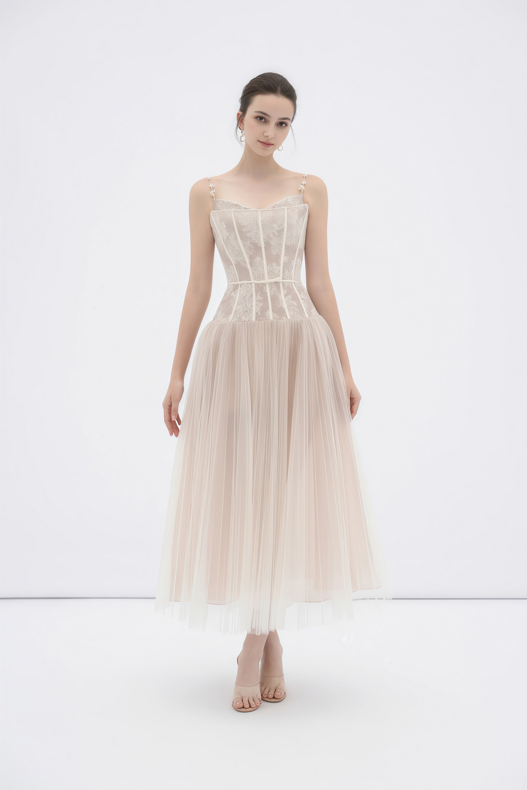 Mira Neutrals Lace Panel Tulle Maxi Dress